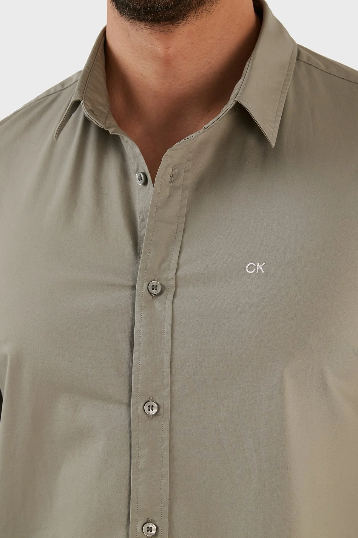 Calvin Klein Pamuklu Slim Fit İnce Poplin Streç Erkek Gömlek K10K110856 CHH GRİ - 4
