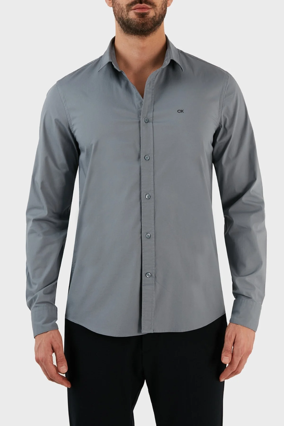 Calvin Klein Pamuklu Slim Fit İnce Poplin Streç Erkek Gömlek K10K110856 POC GRİ - 1