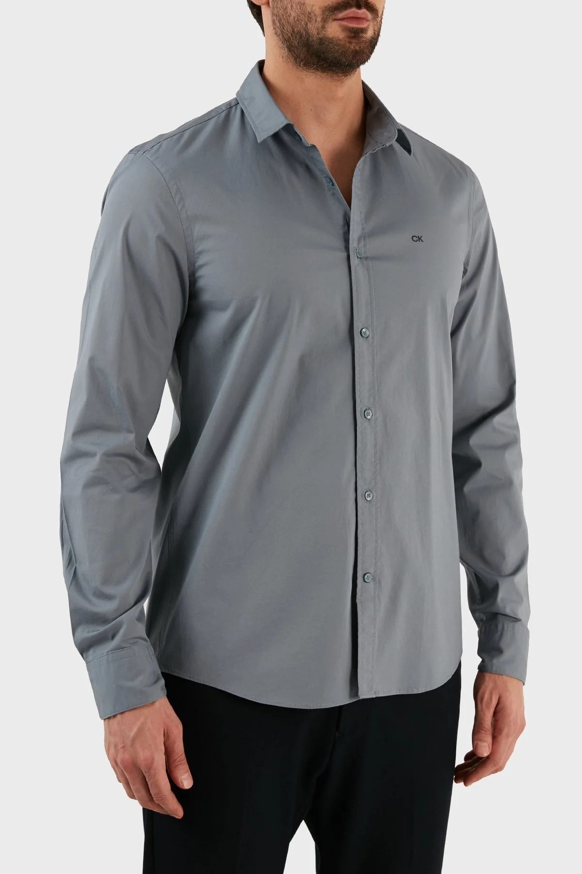 Calvin Klein Pamuklu Slim Fit İnce Poplin Streç Erkek Gömlek K10K110856 POC GRİ - 3
