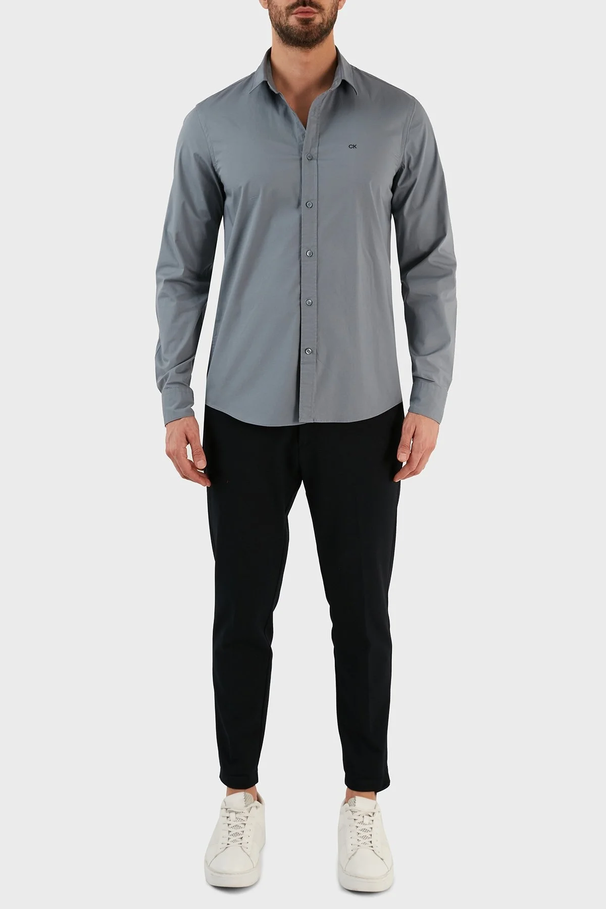 Calvin Klein Pamuklu Slim Fit İnce Poplin Streç Erkek Gömlek K10K110856 POC GRİ - 4