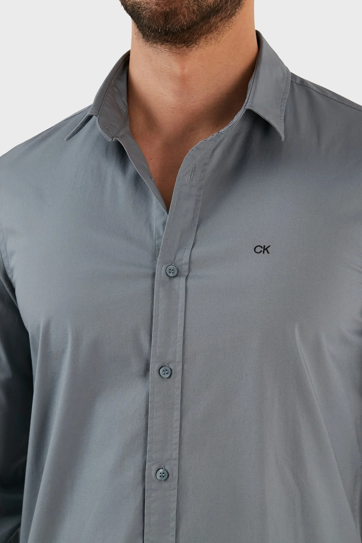 Calvin Klein Pamuklu Slim Fit İnce Poplin Streç Erkek Gömlek K10K110856 POC GRİ - 6