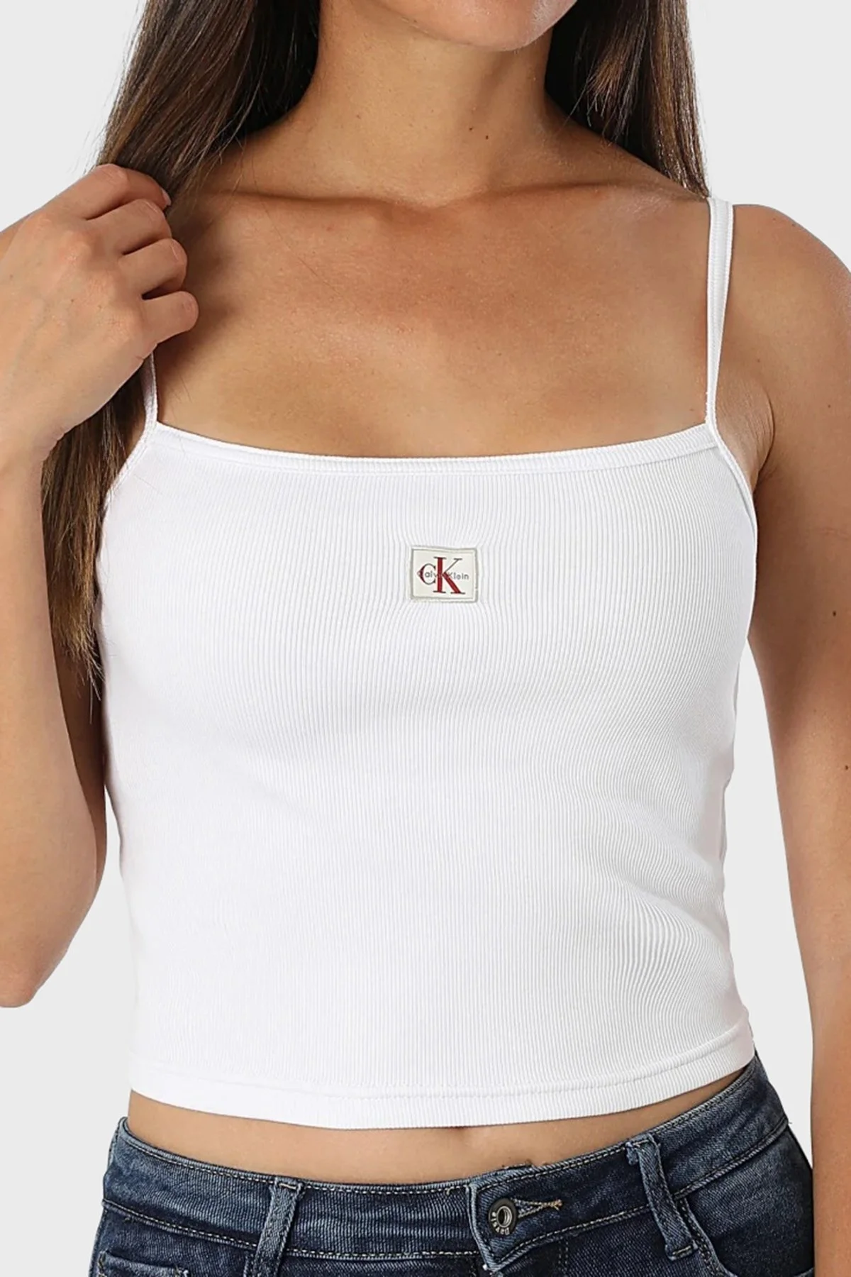 Calvin Klein Pamuklu Slim Fit Kare Yaka Logolu LV047C908GYAA Bayan Top LV047C908G YAA BEYAZ - 3