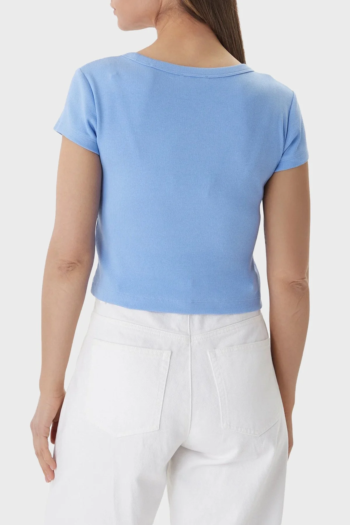 Calvin Klein Pamuklu Slim Fit Logolu Bisiklet Yaka LV047C200GC32 Bayan T Shirt LV047C200G C32 MAVİ - 3