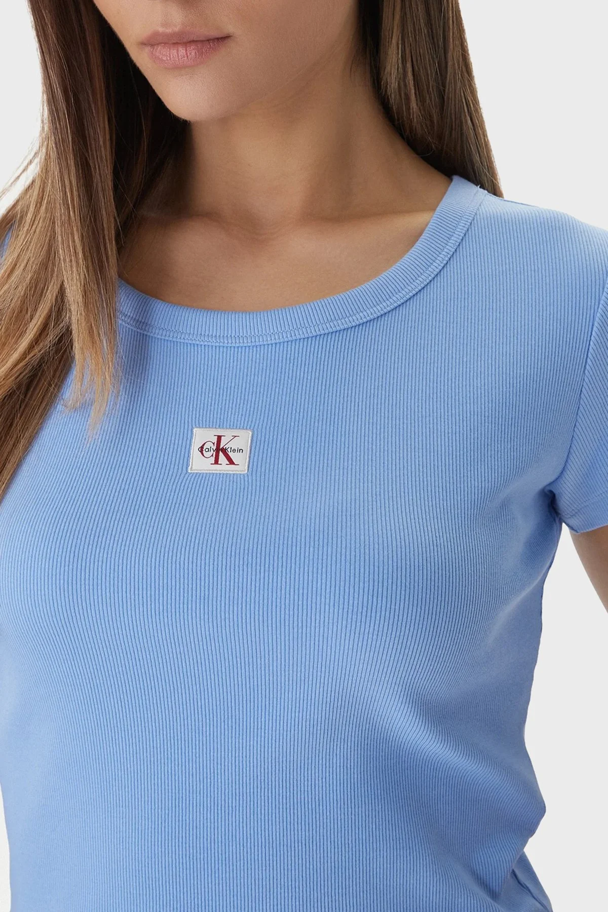 Calvin Klein Pamuklu Slim Fit Logolu Bisiklet Yaka LV047C200GC32 Bayan T Shirt LV047C200G C32 MAVİ - 4