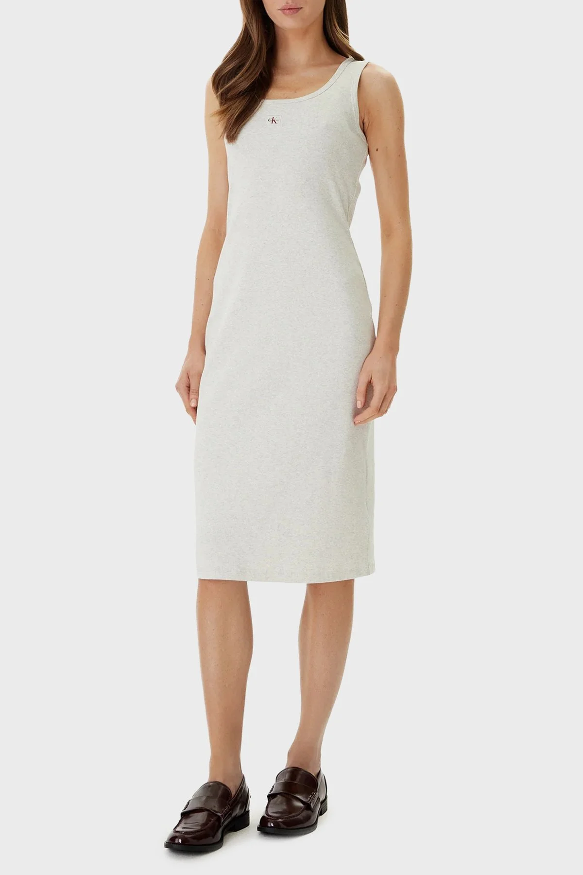 Calvin Klein Pamuklu Slim Fit Logolu Yuvarlak Yaka LV047F257GP4P Bayan Elbise LV047F257G P4P GRİ - 1