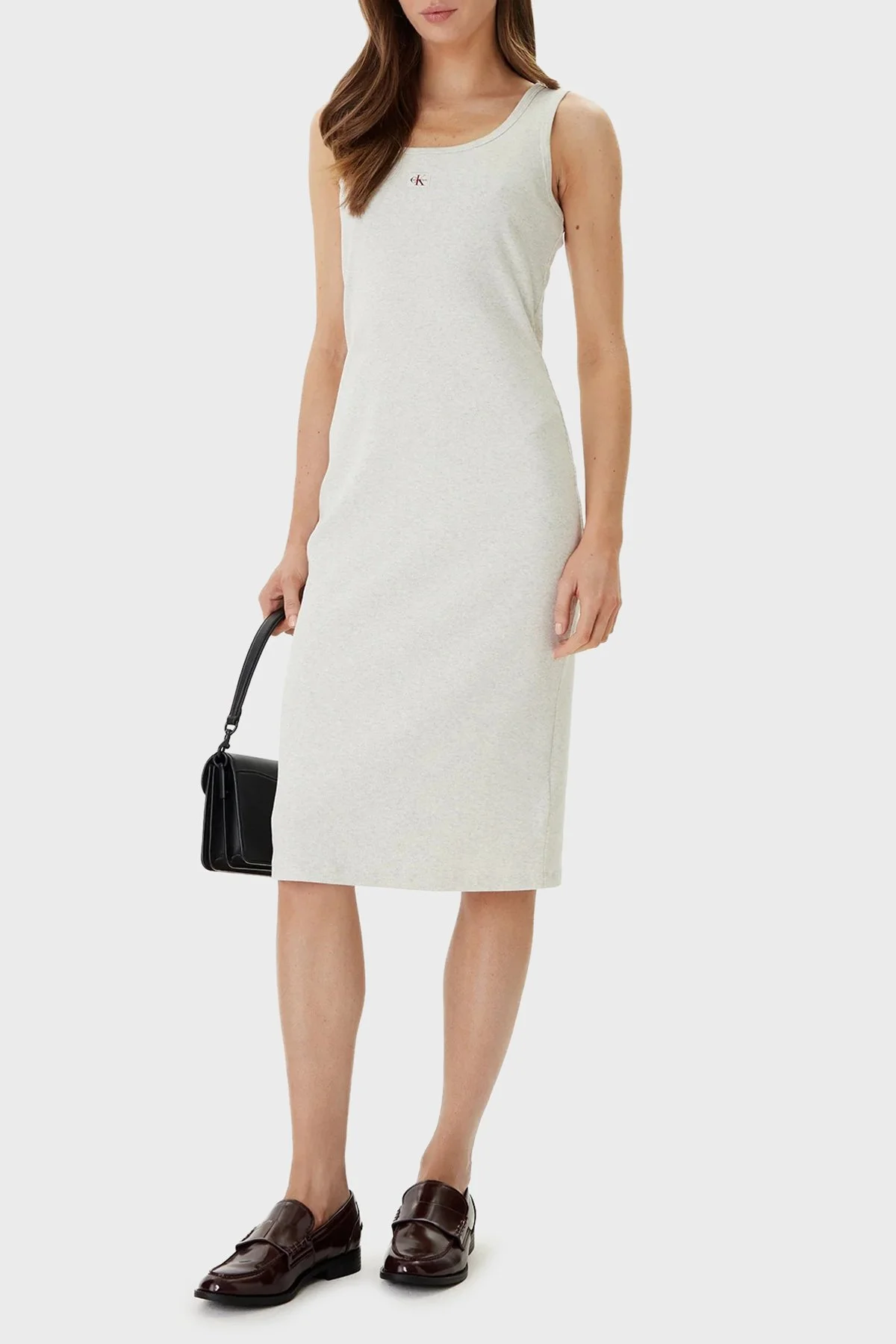 Calvin Klein Pamuklu Slim Fit Logolu Yuvarlak Yaka LV047F257GP4P Bayan Elbise LV047F257G P4P GRİ - 3