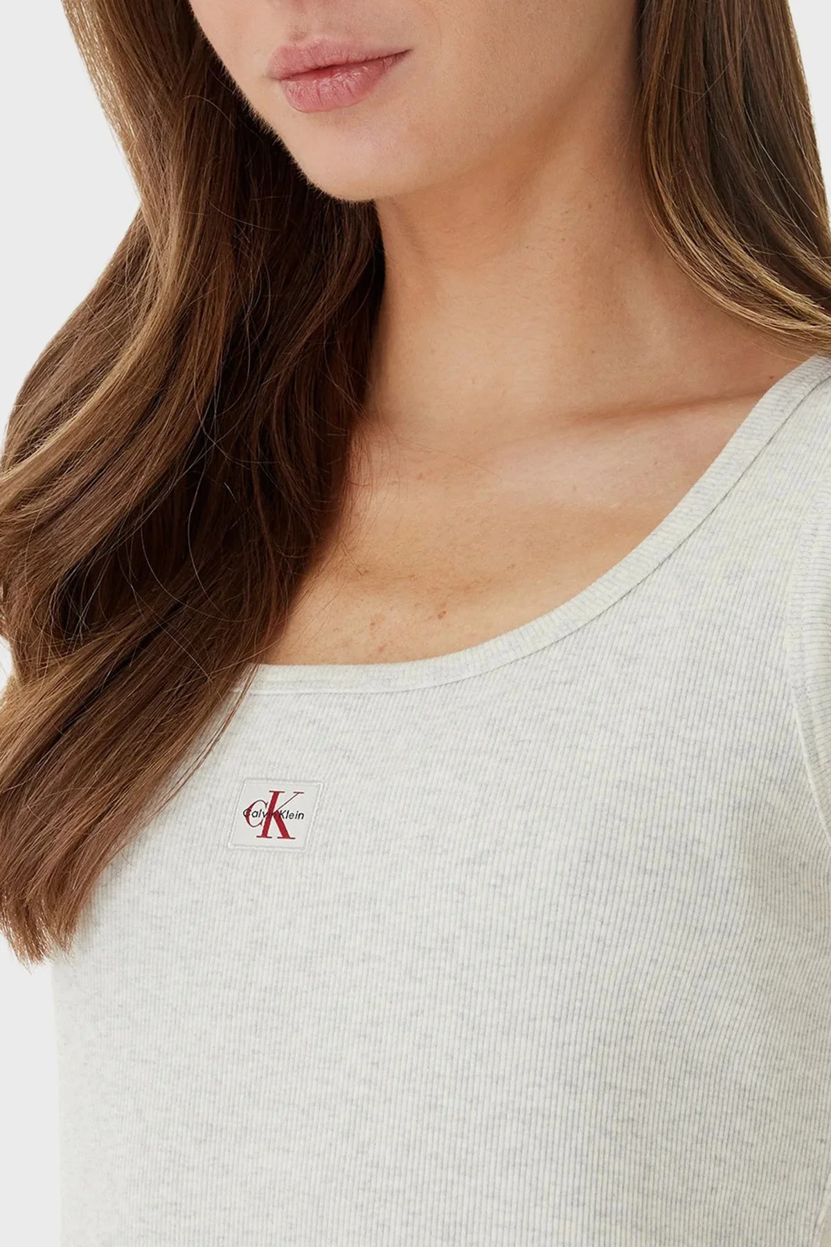 Calvin Klein Pamuklu Slim Fit Logolu Yuvarlak Yaka LV047F257GP4P Bayan Elbise LV047F257G P4P GRİ - 4