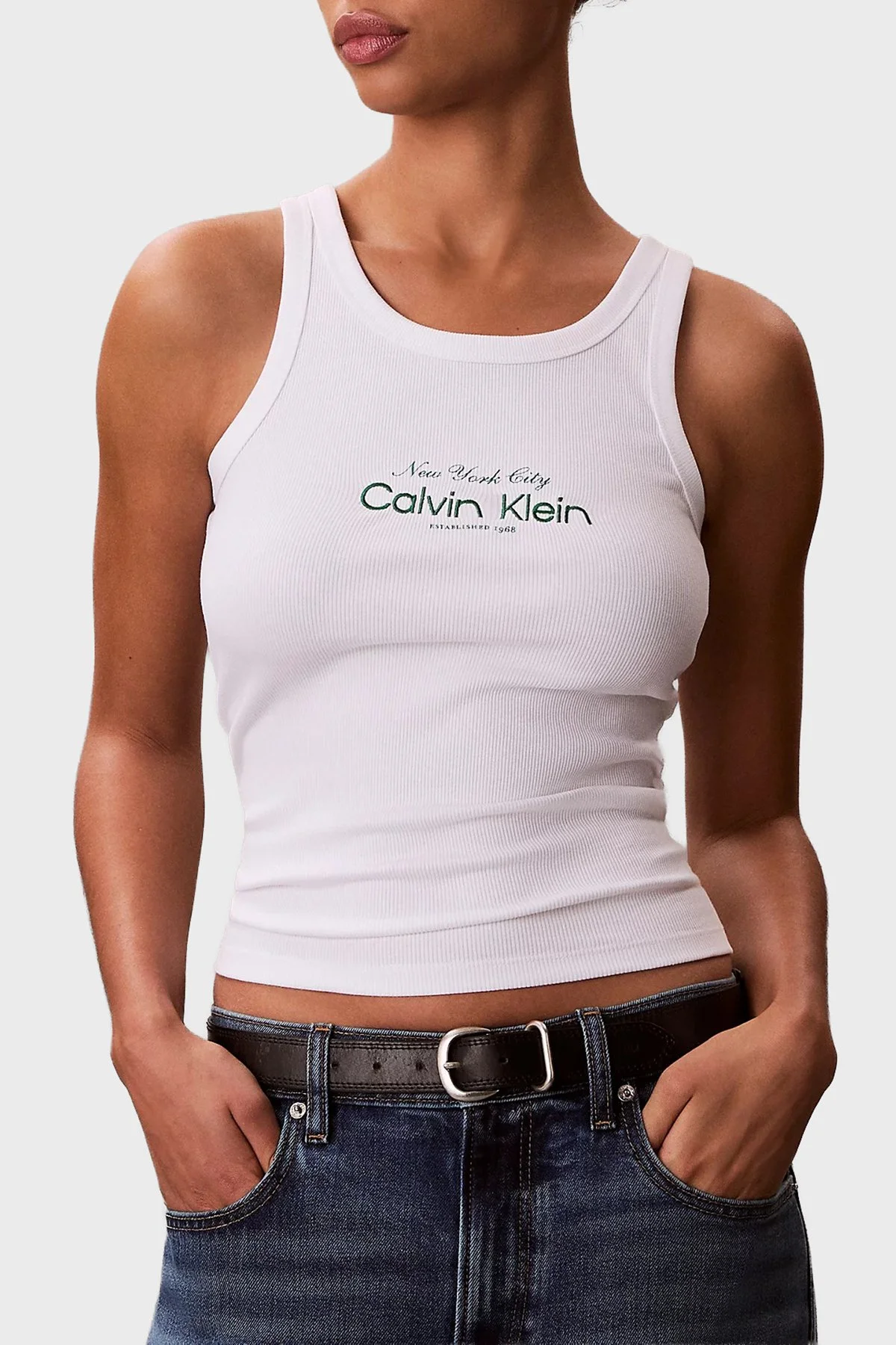 Calvin Klein Pamuklu Slim Fit Logolu Yuvarlak Yaka LV047F816GYAF Kadın Atlet LV047F816G YAF BEYAZ - 1