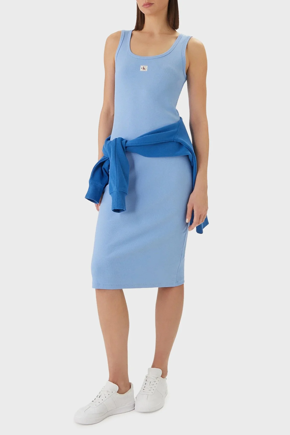 Calvin Klein Pamuklu Slim Fit Logolu Yuvarlak Yaka Midi LV047F257GC32 Bayan Elbise LV047F257G C32 MAVİ - 3