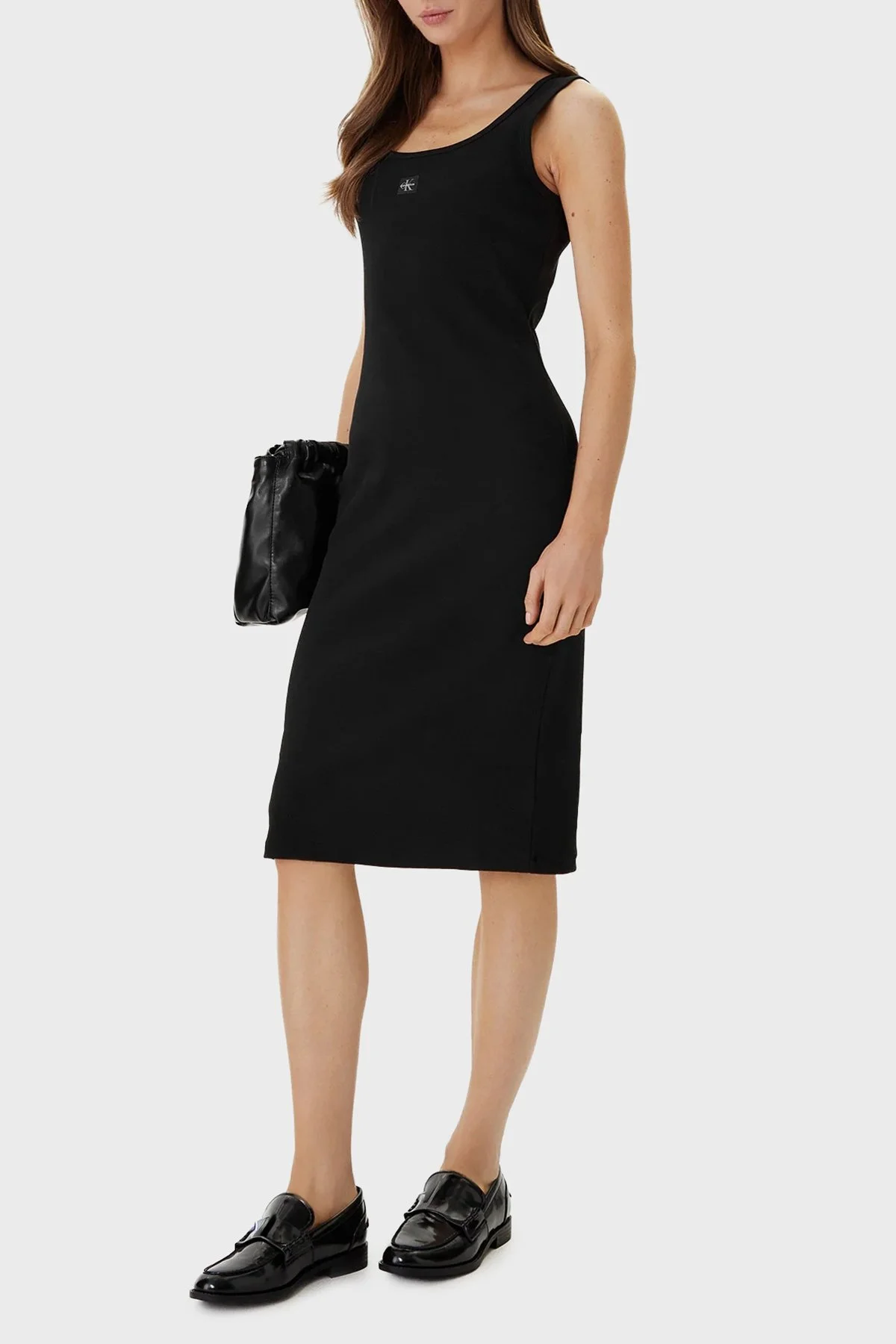 Calvin Klein Pamuklu Slim Fit Logolu Yuvarlak Yaka Midi LV047F257GUB1 Bayan Elbise LV047F257G UB1 SİYAH - 3