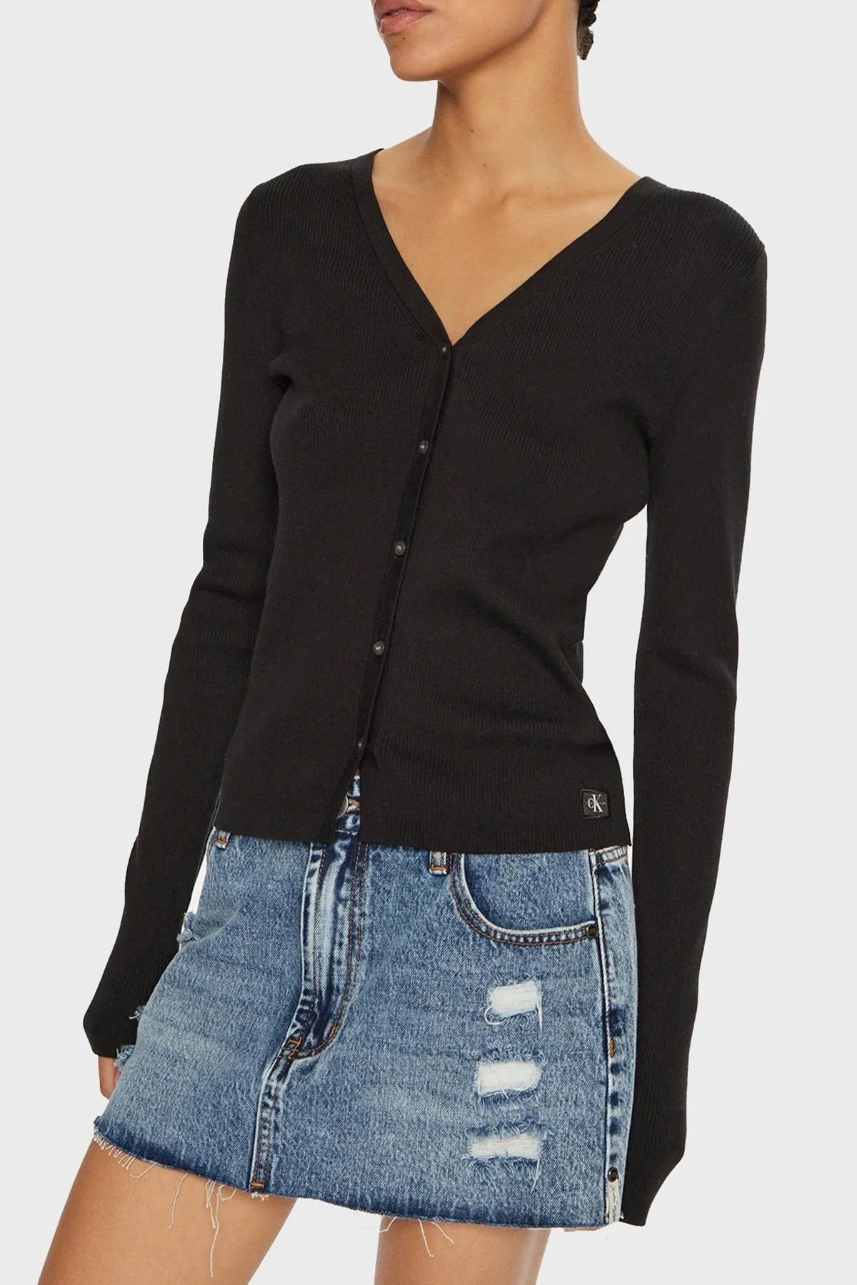 Calvin Klein Pamuklu Slim Fit Yumuşak Dokulu V Yaka J20J224239BEH Bayan Hırka J20J224239 BEH SİYAH - 1