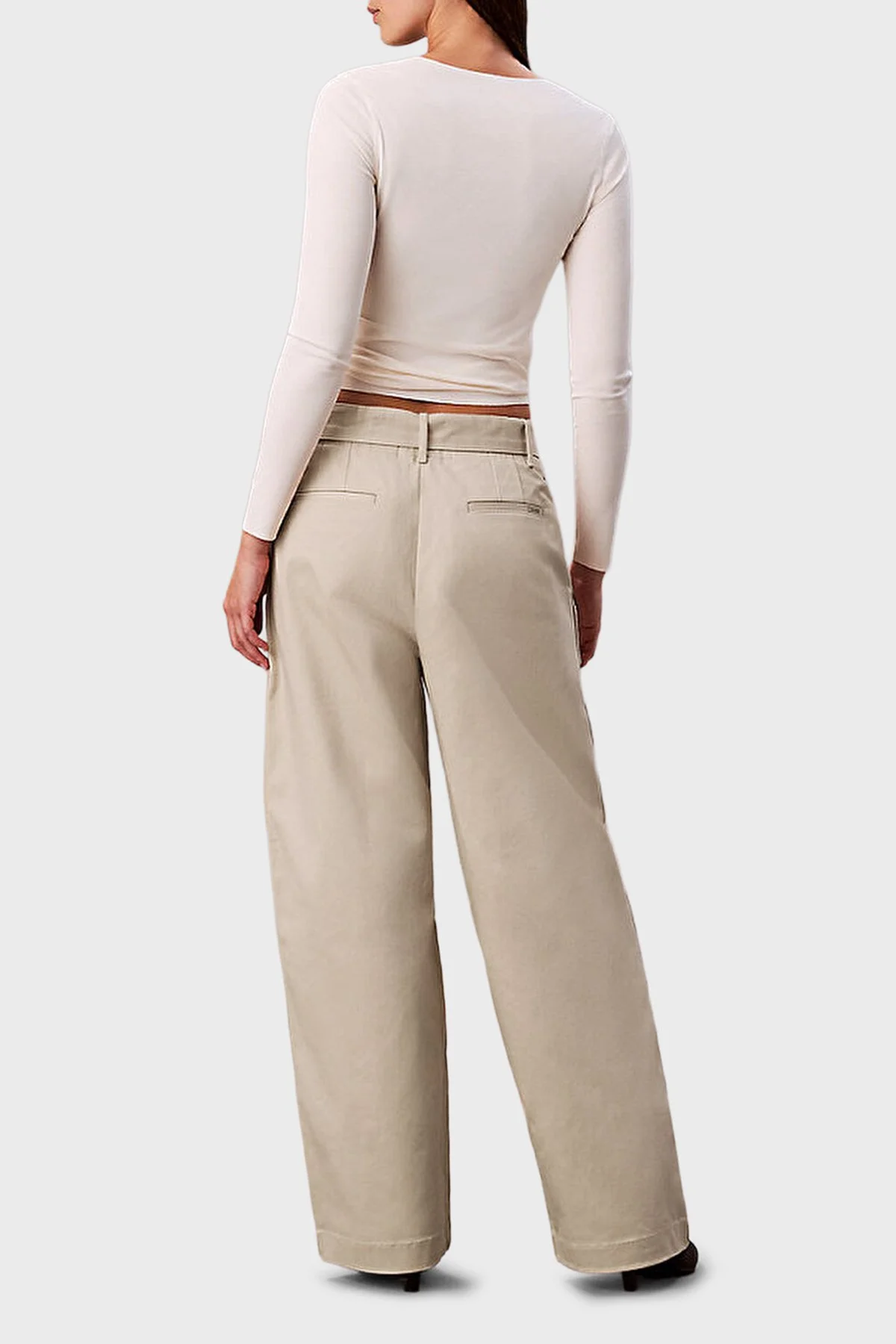 Calvin Klein Pamuklu Wide Leg Fit Yüksek Bel LV044E619G2F2 Bayan Pantolon LV044E619G 2F2 BEJ - 3