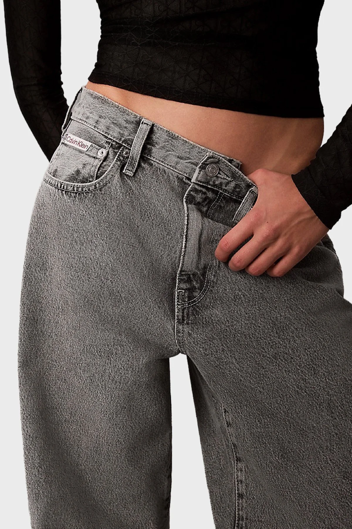 Calvin Klein Pamuklu Wide Leg Yüksek Bel Bol Paça Jeans LV047D834G0SL Bayan Kot Pantolon LV047D834G 0SL GRİ - 4