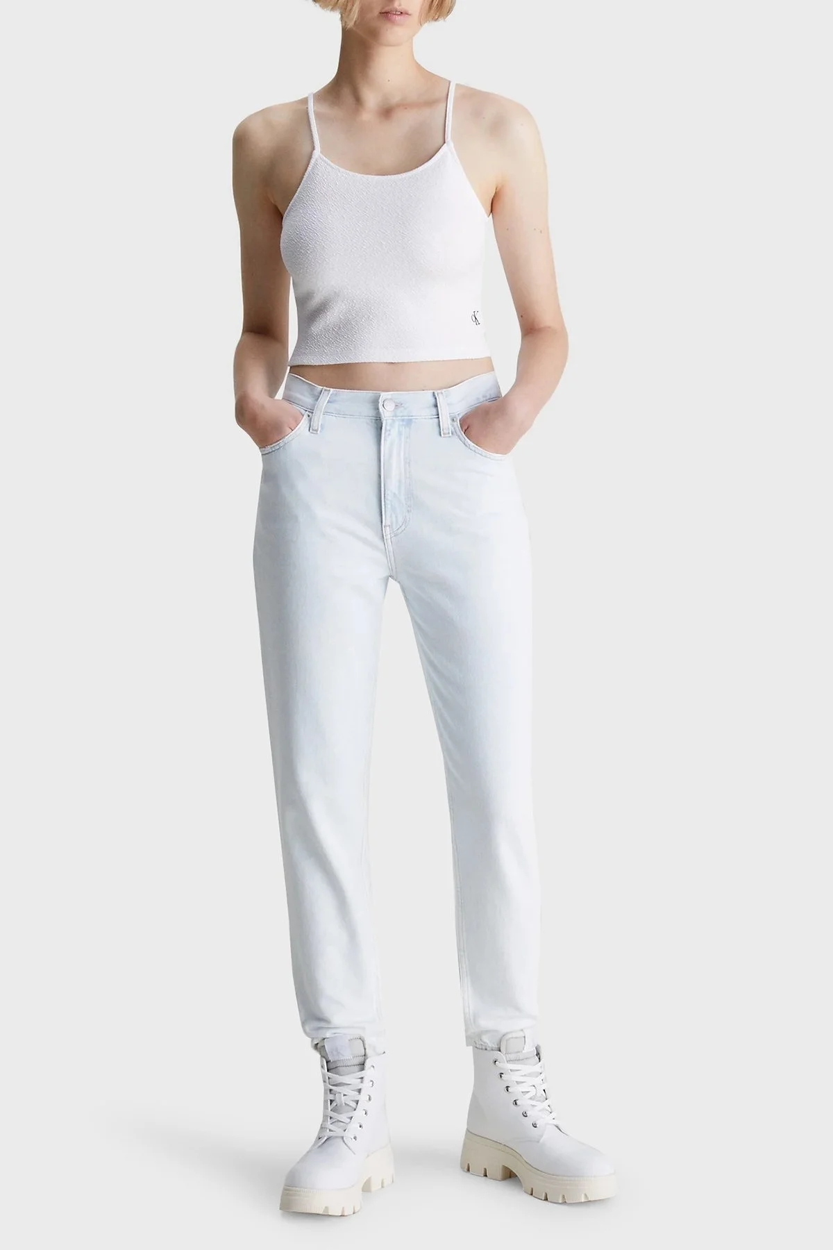 Calvin Klein Pamuklu Yüksek Bel Dar Paça Mom Jeans J20J2208591AA Bayan Kot Pantolon J20J220859 1AA BEYAZ - 1