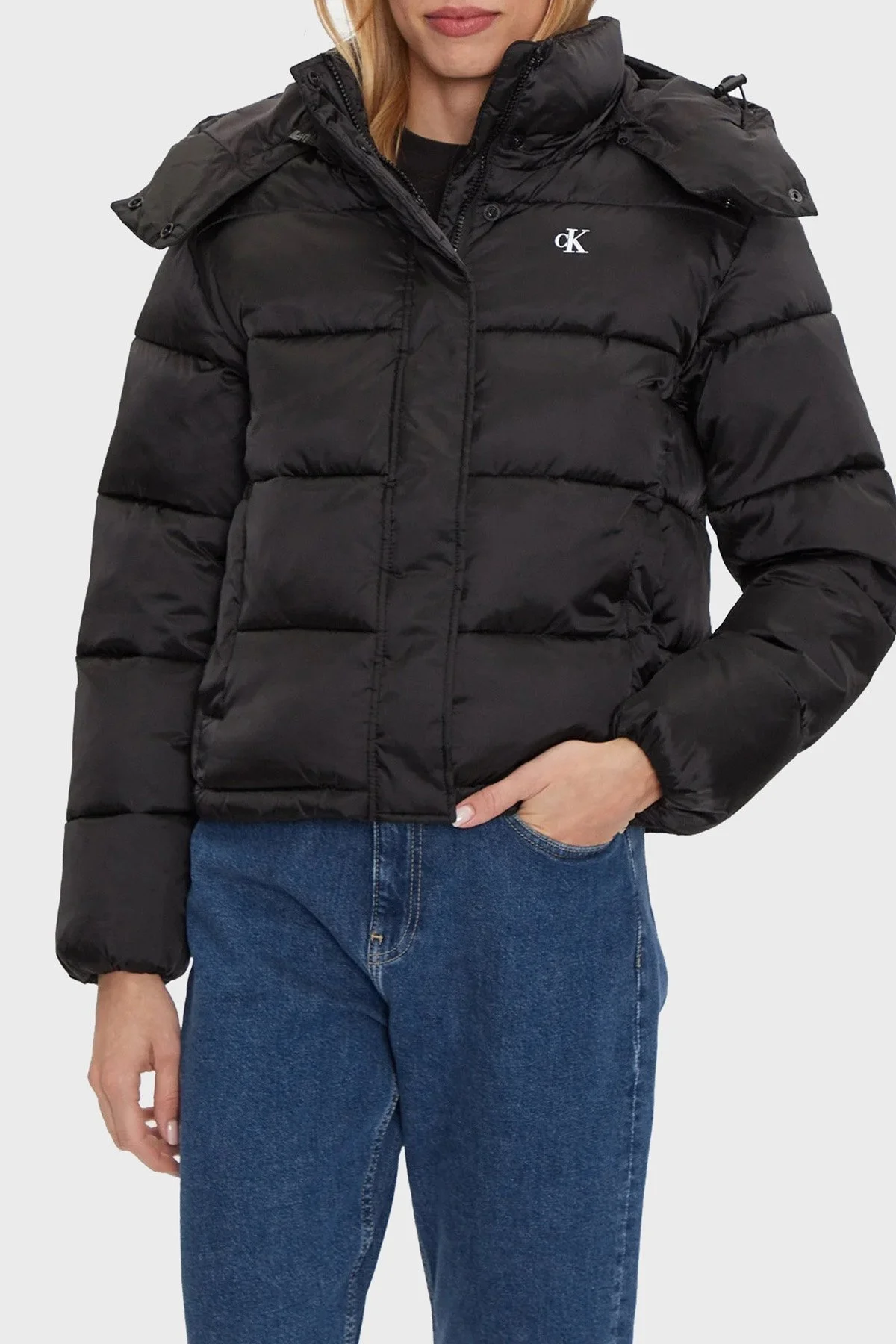 Calvin Klein Regular Fit Çıkarılabilir Kapüşonlu Parlak Saten Şişme J20J224616BEH Bayan Mont J20J224616 BEH SİYAH - 1