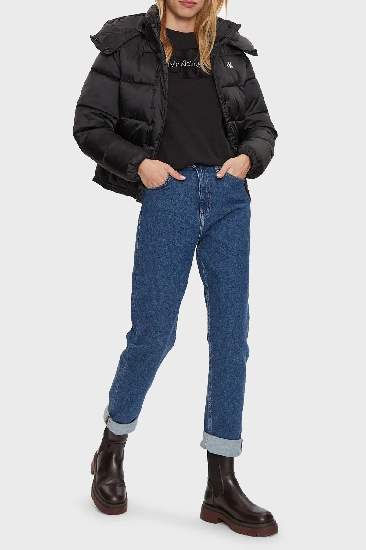 Calvin Klein Regular Fit Çıkarılabilir Kapüşonlu Parlak Saten Şişme J20J224616BEH Bayan Mont J20J224616 BEH SİYAH - 2