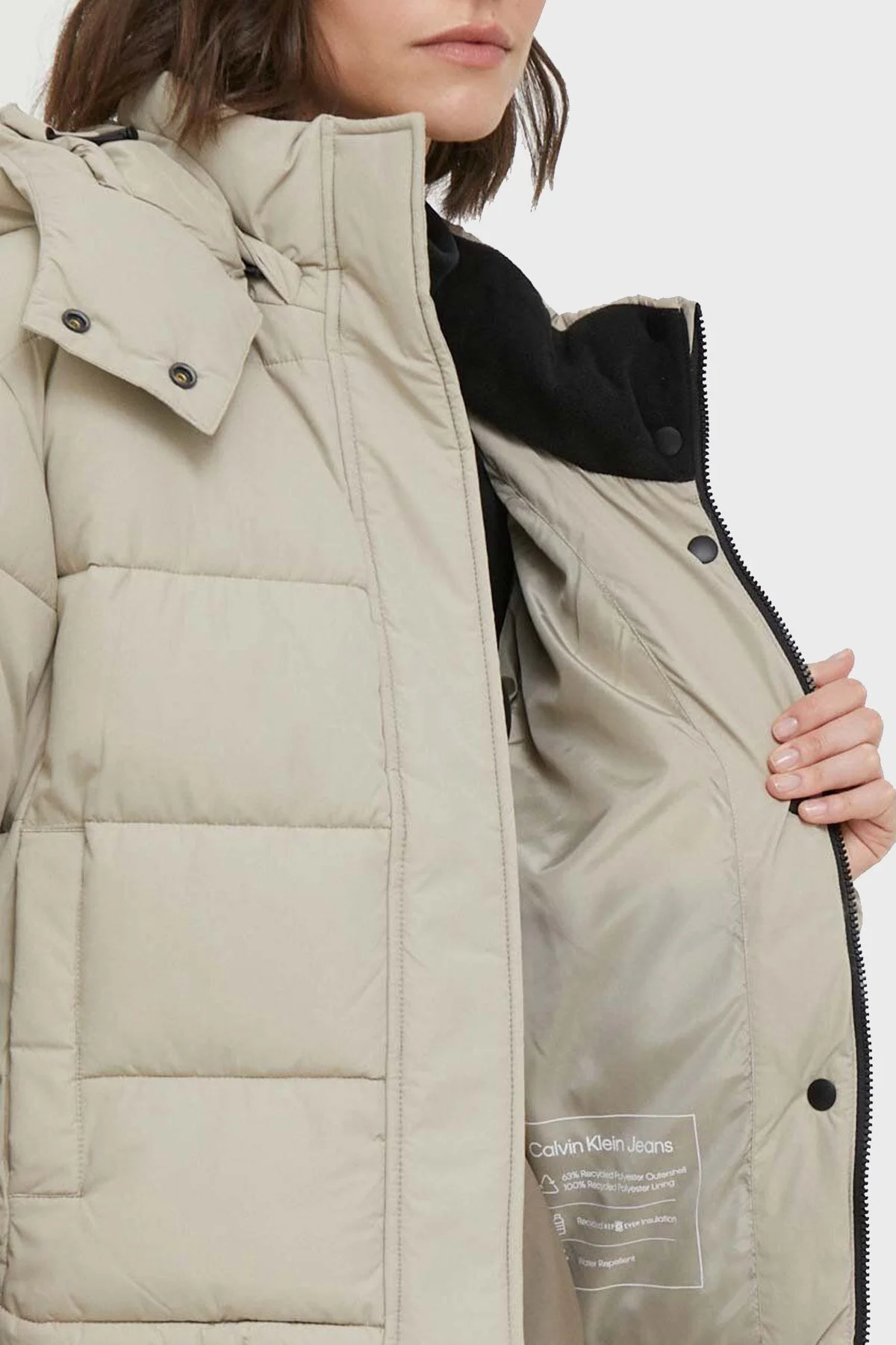Calvin Klein Regular Fit Çıkarılabilir Kapüşonlu Şişme J20J221377PED Bayan Mont J20J221377 PED BEJ - 11