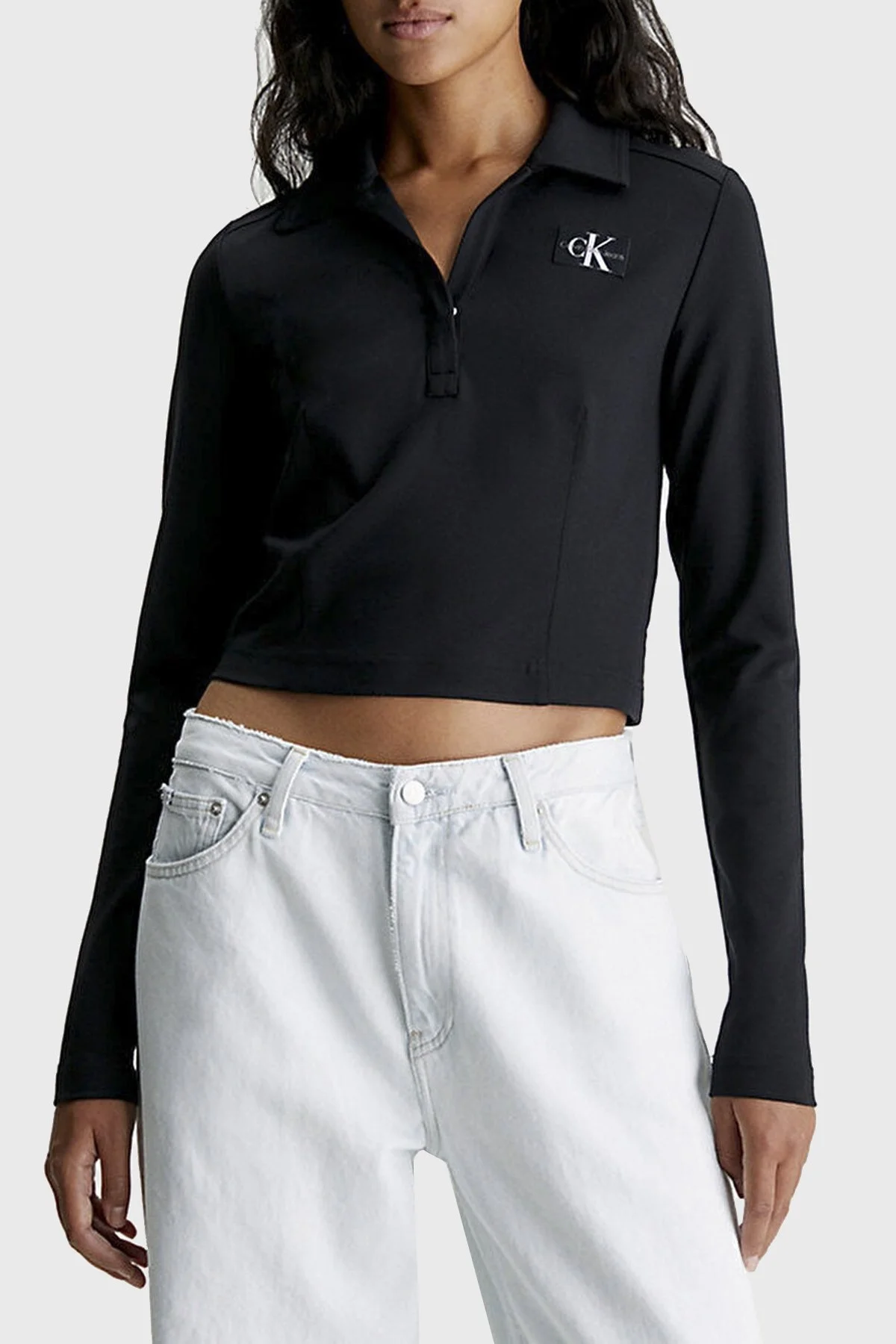 Calvin Klein Regular Fit Crop J20J222556BEH Bayan Polo Yaka Sweat J20J222556 BEH SİYAH - 1