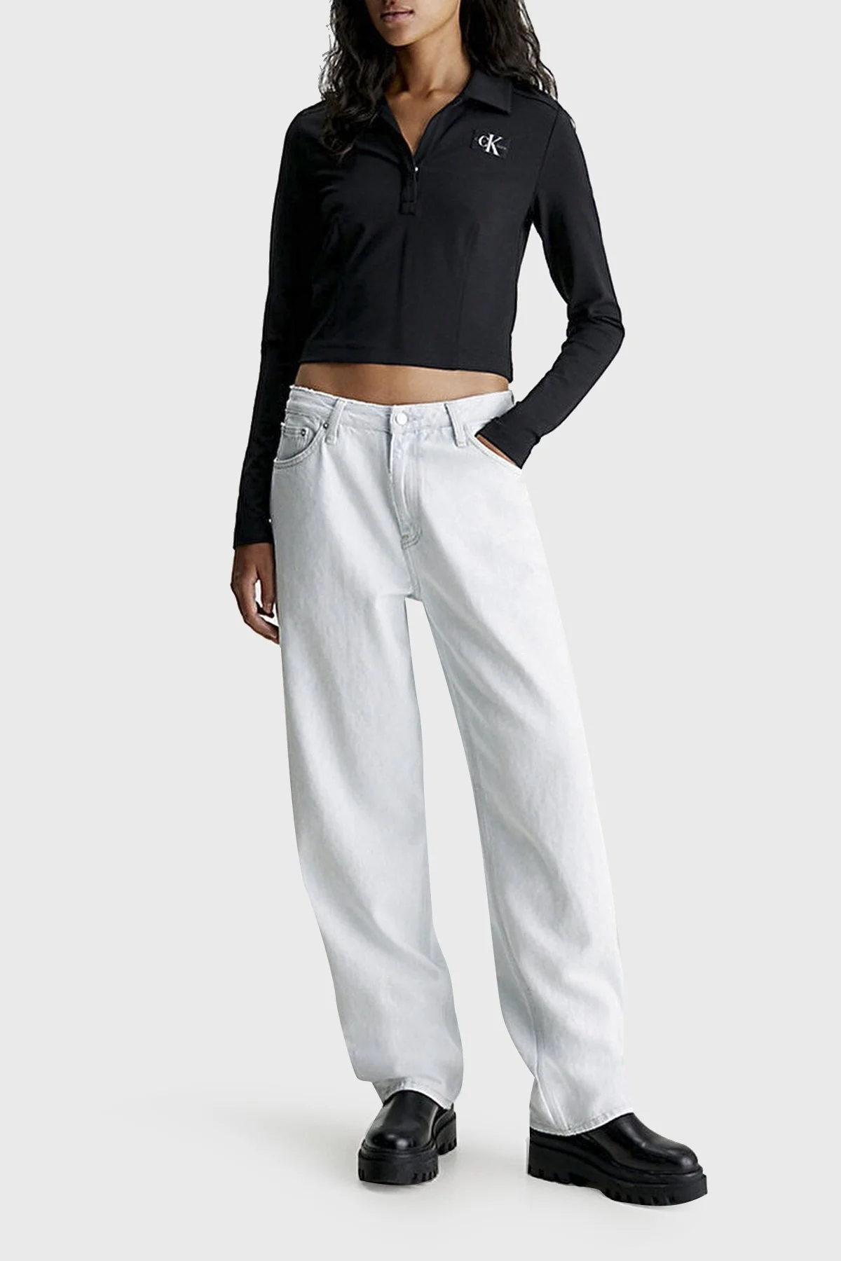 Calvin Klein Regular Fit Crop J20J222556BEH Bayan Polo Yaka Sweat J20J222556 BEH SİYAH - 3