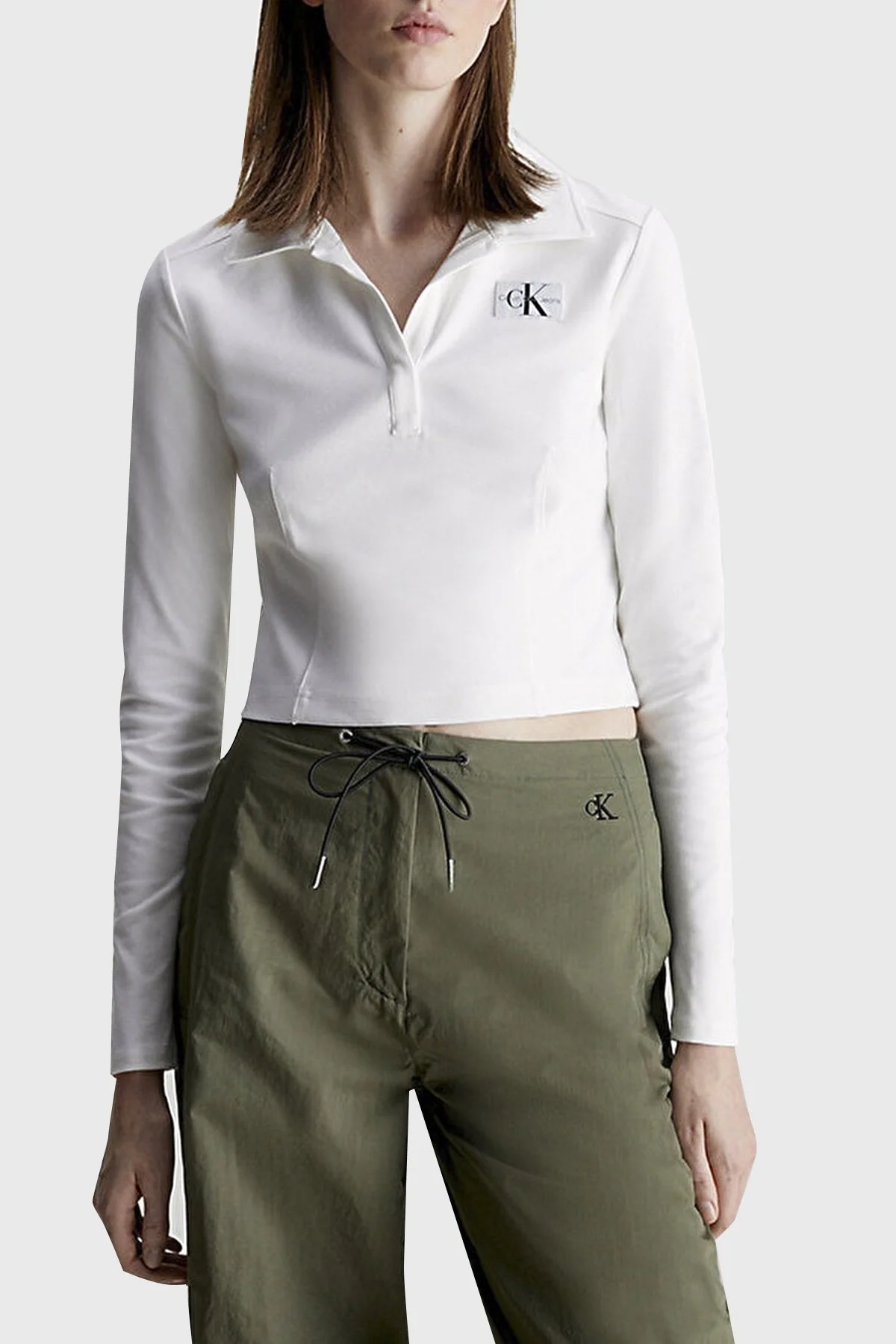 Calvin Klein Regular Fit Crop J20J222556YAF Bayan Polo Yaka Sweat J20J222556 YAF BEYAZ - 1