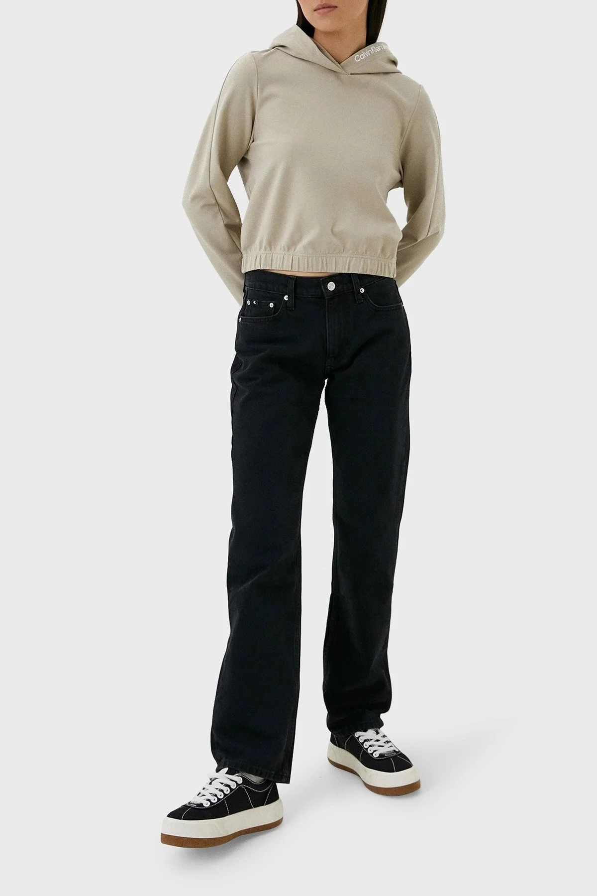 Calvin Klein Regular Fit Kapüşonlu Crop J20J222200PED Bayan Sweat J20J222200 PED BEJ - 3