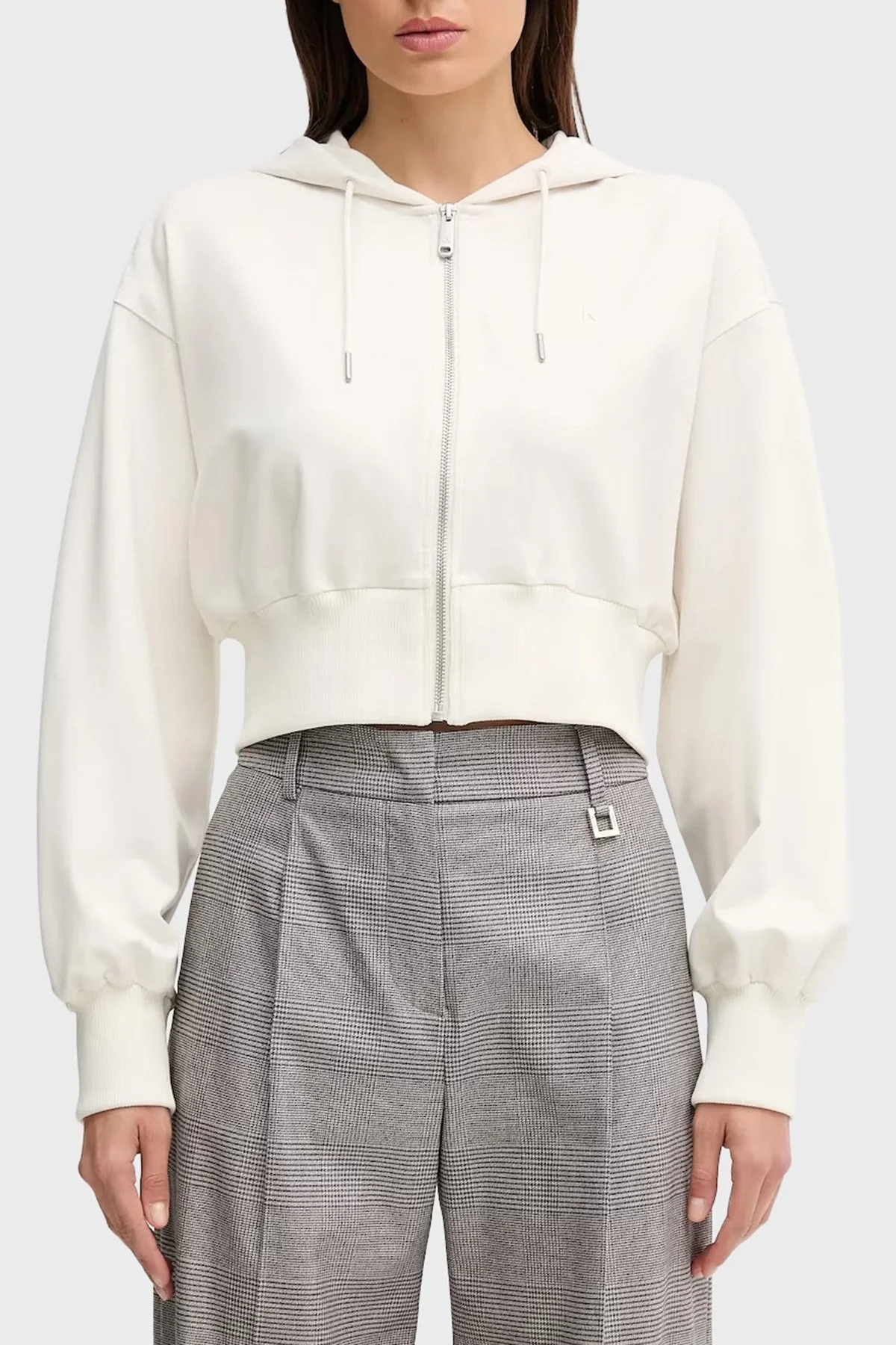 Calvin Klein Regular Fit Kapüşonlu Fermuarlı Logolu Crop LV047C247GYAS Bayan Sweat LV047C247G YAS BEYAZ - 1