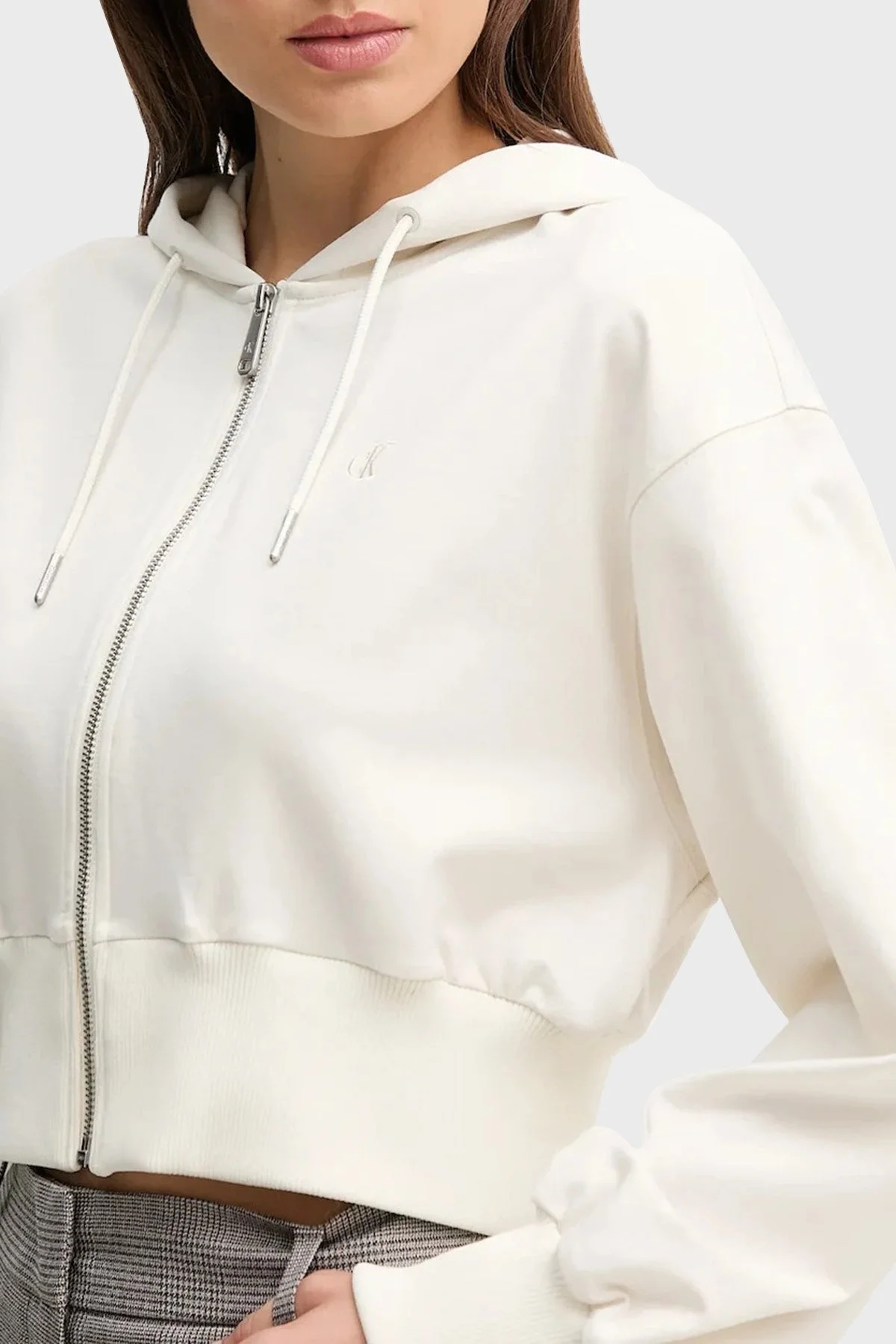 Calvin Klein Regular Fit Kapüşonlu Fermuarlı Logolu Crop LV047C247GYAS Bayan Sweat LV047C247G YAS BEYAZ - 4