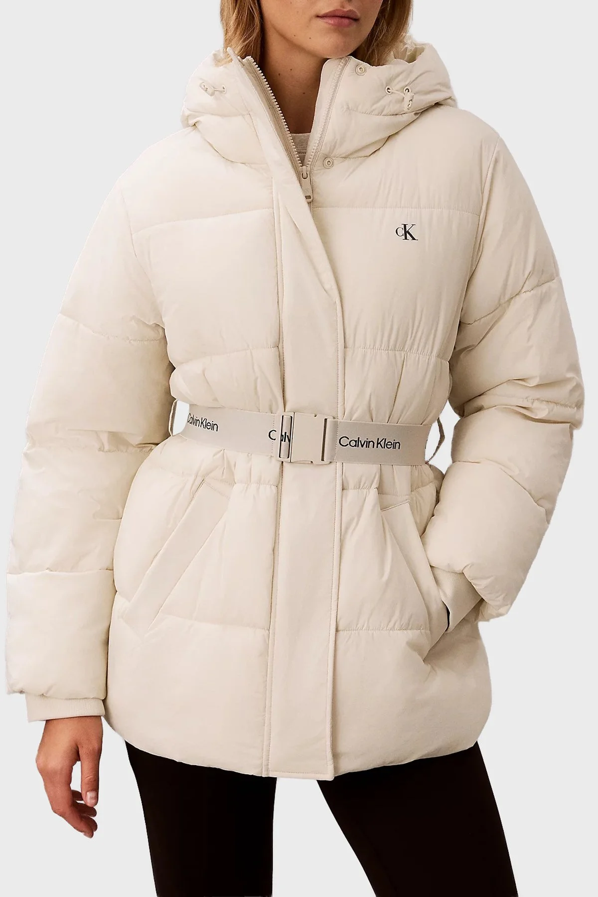 Calvin Klein Regular Fit Kapüşonlu Kemer Detaylı LV047D507G67U Kadın Mont LV047D507G 67U Ekru - 1