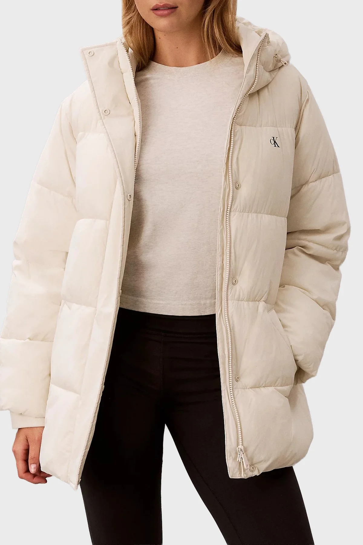 Calvin Klein Regular Fit Kapüşonlu Kemer Detaylı LV047D507G67U Kadın Mont LV047D507G 67U Ekru - 4