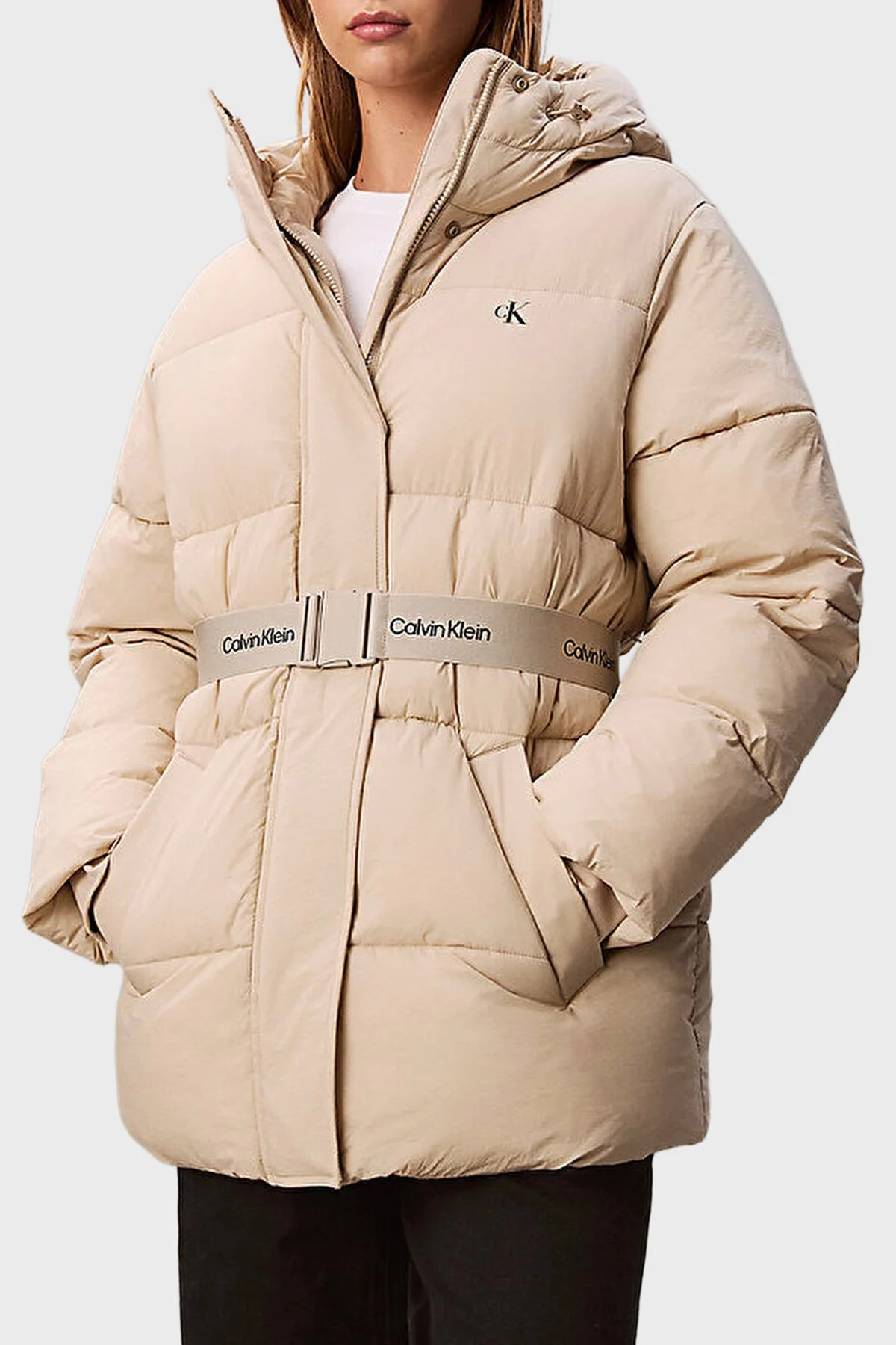 Calvin Klein Regular Fit Kapüşonlu Kemer Detaylı Suya Dayanıklı LV047D507GNSU Bayan Mont LV047D507G NSU BEJ - 1