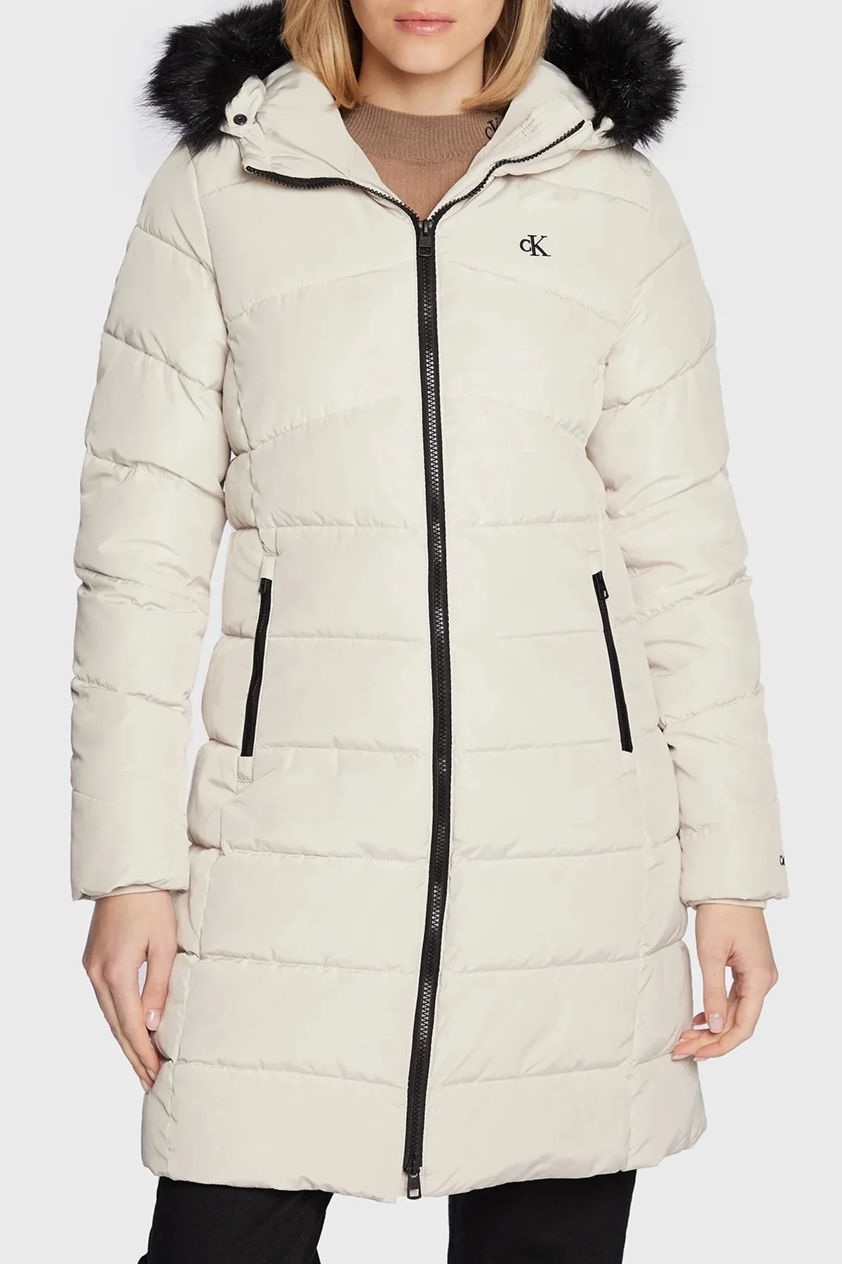 Calvin Klein Regular Fit Kapüşonlu Uzun Şişme Bayan Mont J20J219825 ACF BEJ - 1