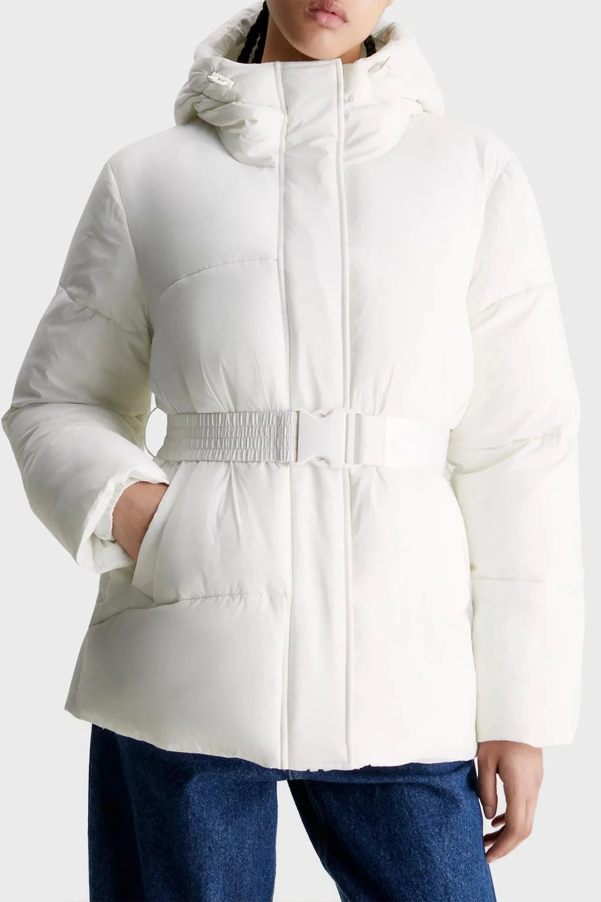 Calvin Klein Regular Fit Kemerli Kapüşonlu Şişme J20J221896YBI Bayan Mont J20J221896 YBI BEYAZ - 1
