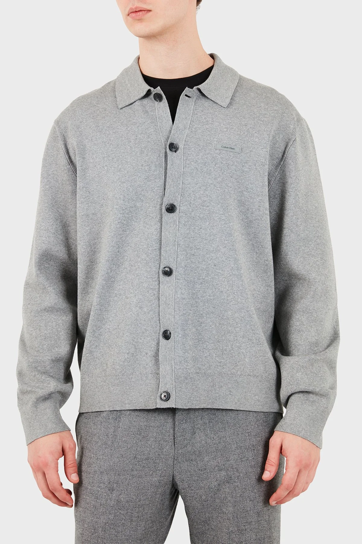 Calvin Klein Regular Fit Klasik Yaka Düğmeli Triko LV04LH318GP7E Erkek Kazak LV04LH318G P7E Gri - 3