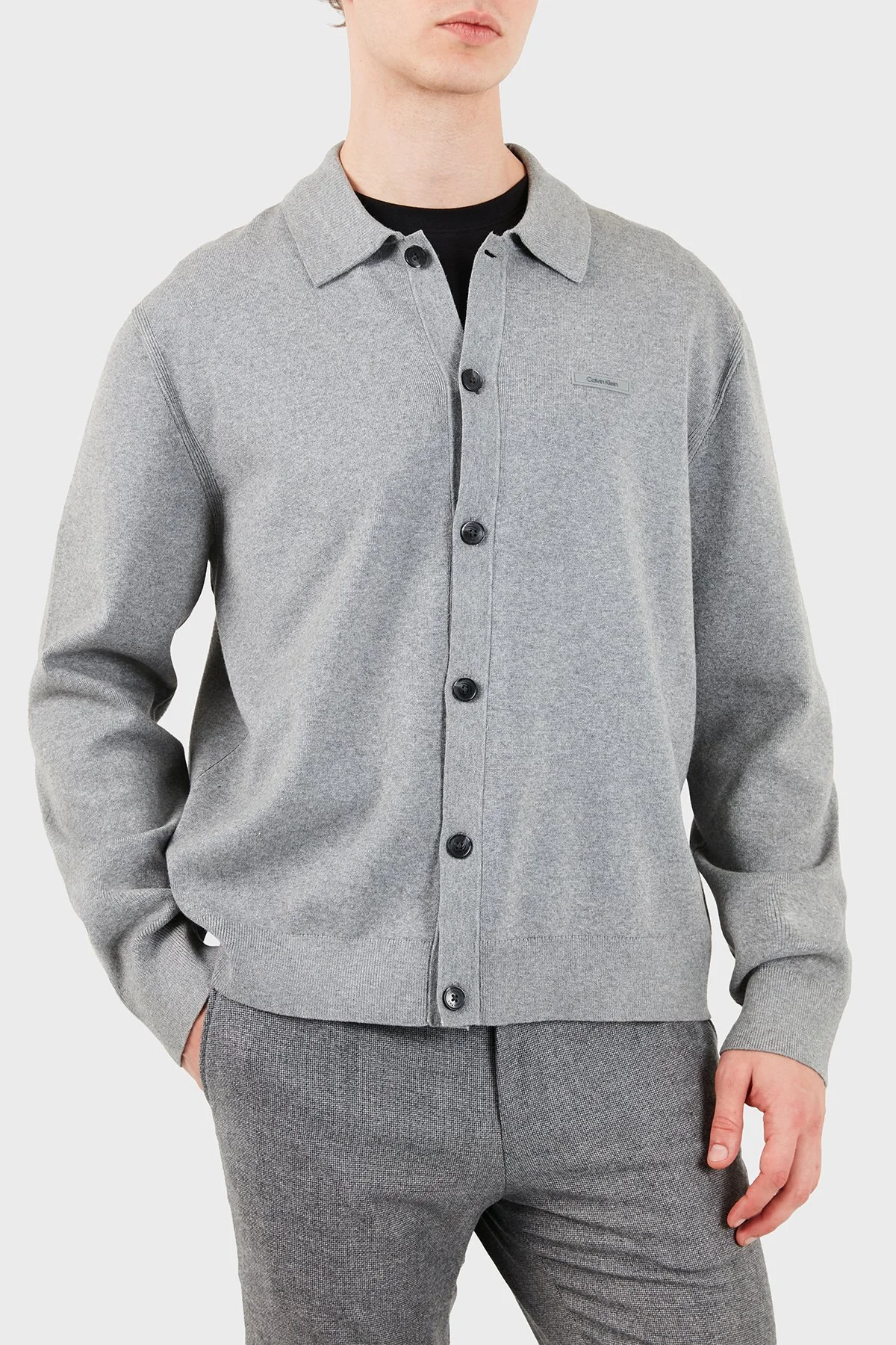 Calvin Klein Regular Fit Klasik Yaka Düğmeli Triko LV04LH318GP7E Erkek Kazak LV04LH318G P7E Gri - 4