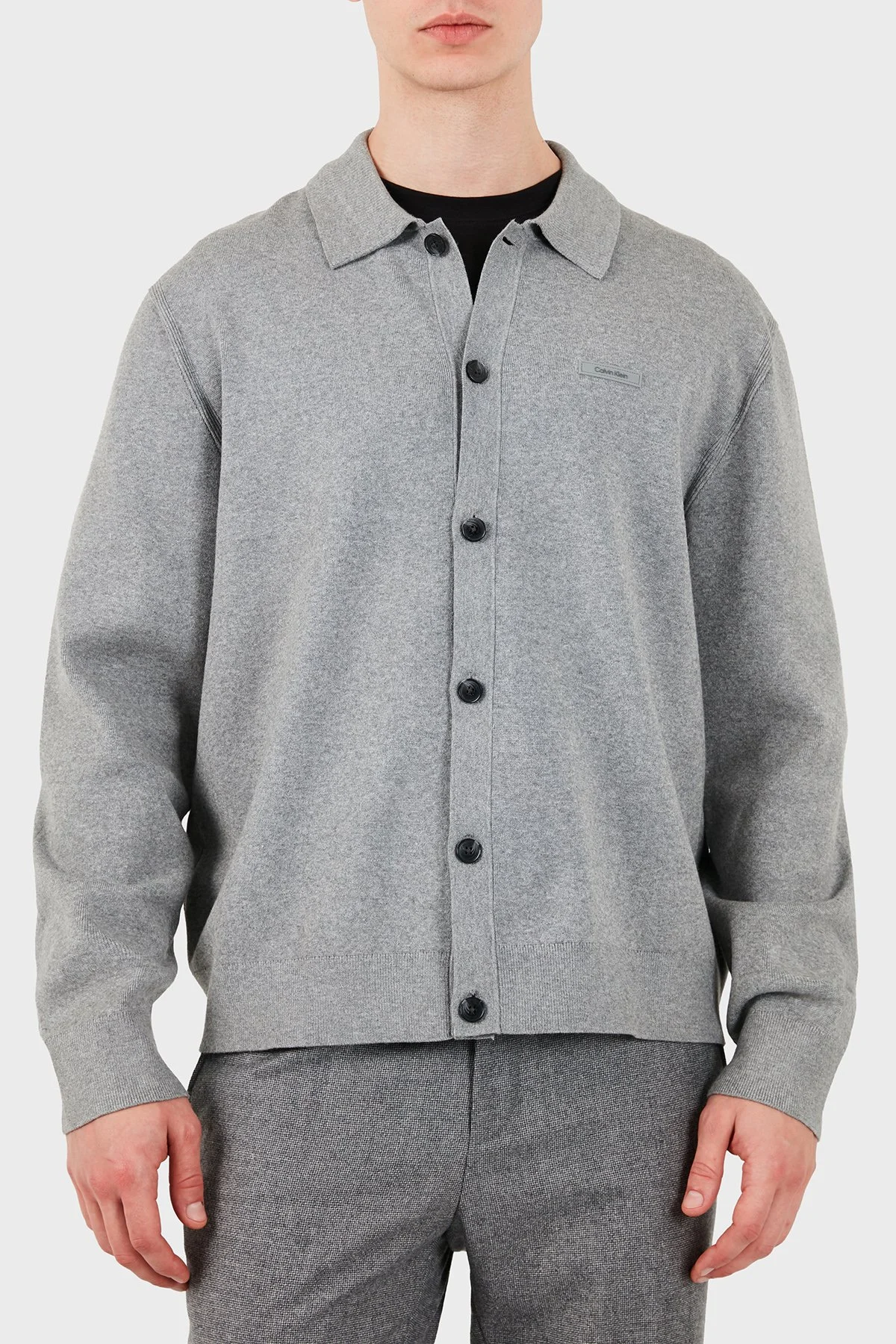 Calvin Klein Regular Fit Klasik Yaka Düğmeli Triko LV04LH318GP7E Erkek Kazak LV04LH318G P7E Gri - 5