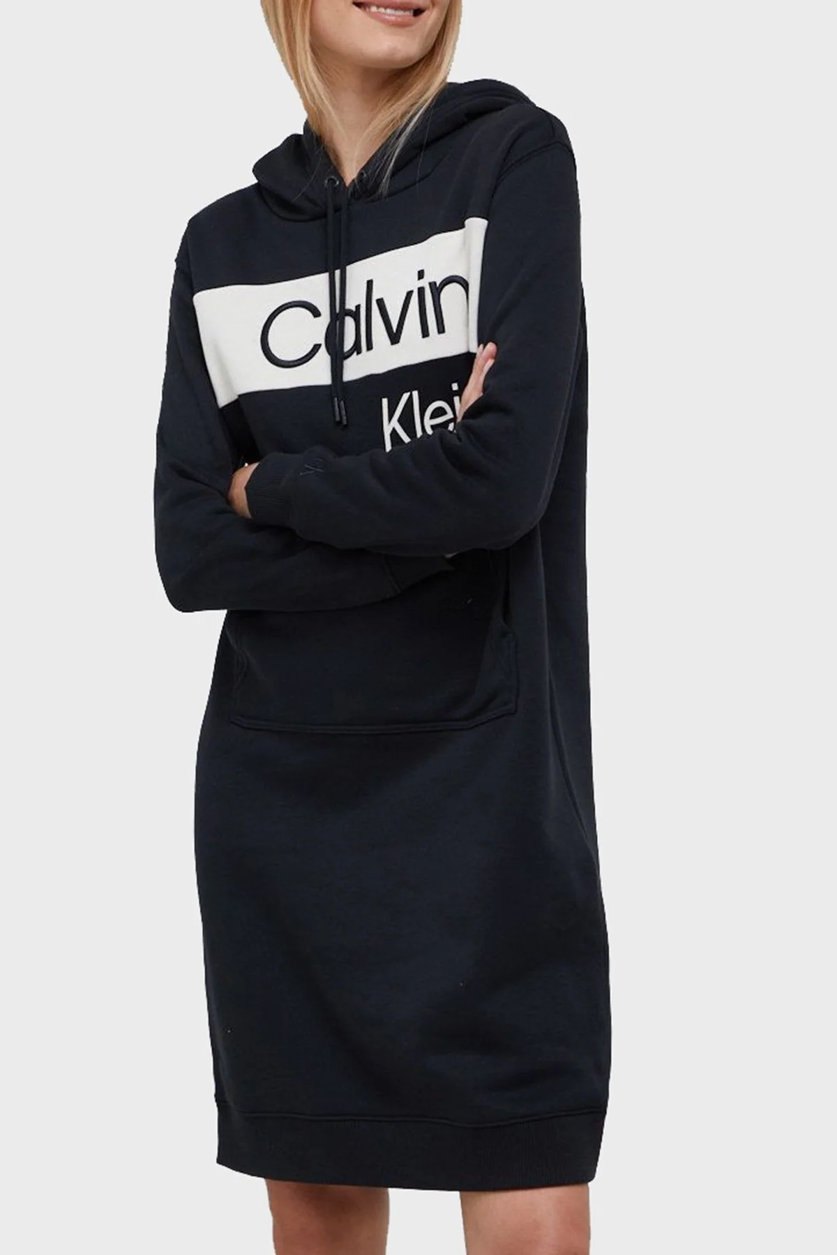 Calvin Klein Regular Fit Renk Bloklu Kapüşonlu Cepli Pamuklu Bayan Elbise J20J219072 BEH SİYAH - 1