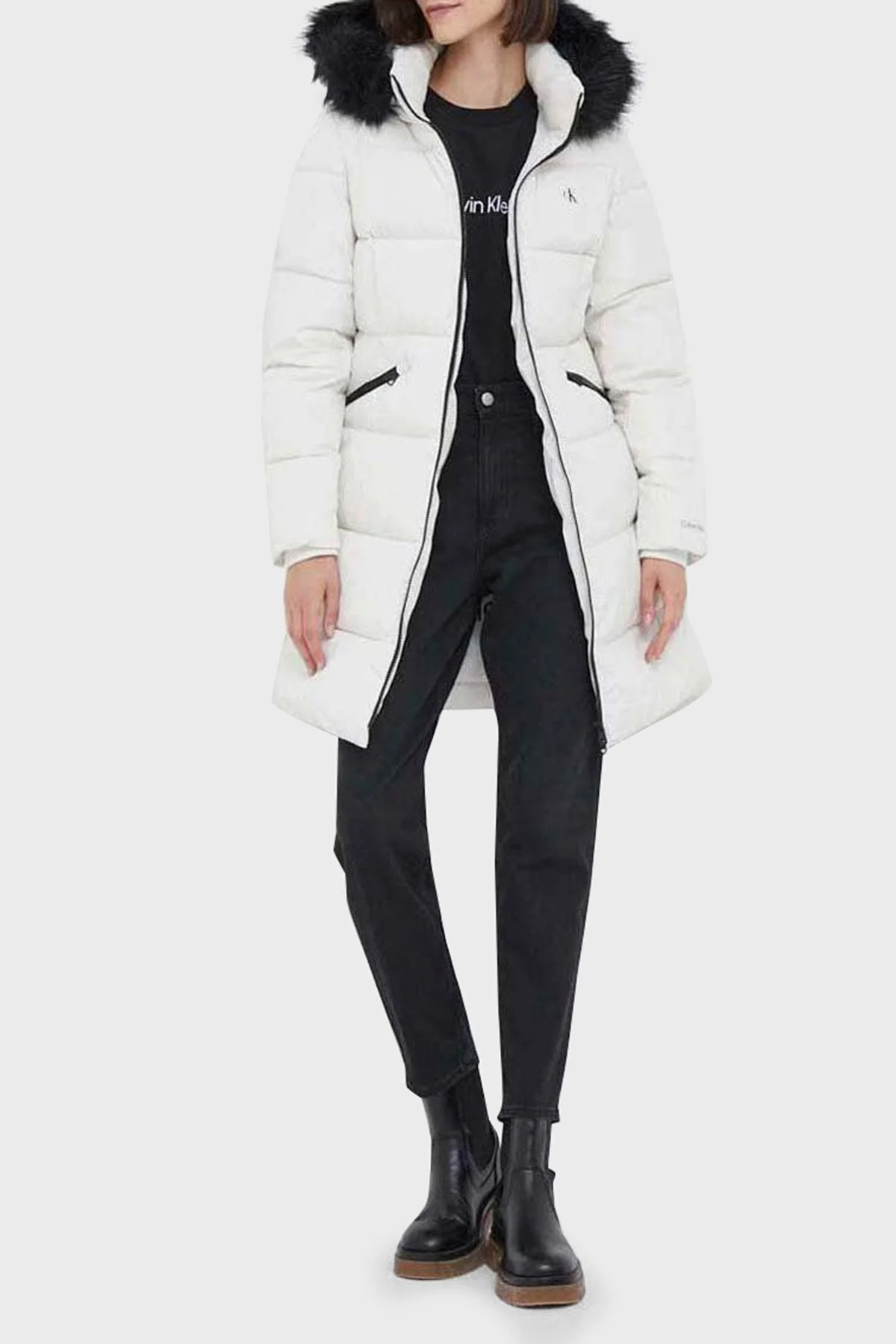 Calvin Klein Regular Fit Su Geçirmez Çıkarılabilir Kapüşonlu J20J221890YBI Bayan Mont J20J221890 YBI BEYAZ - 3