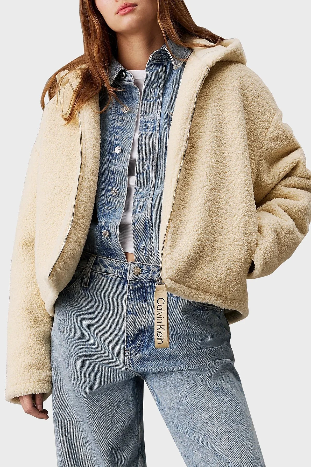 Calvin Klein Relaxed Fit Kapüşonlu Sherpa J20J224130ACX Bayan Ceket J20J224130 ACX EKRU - 1