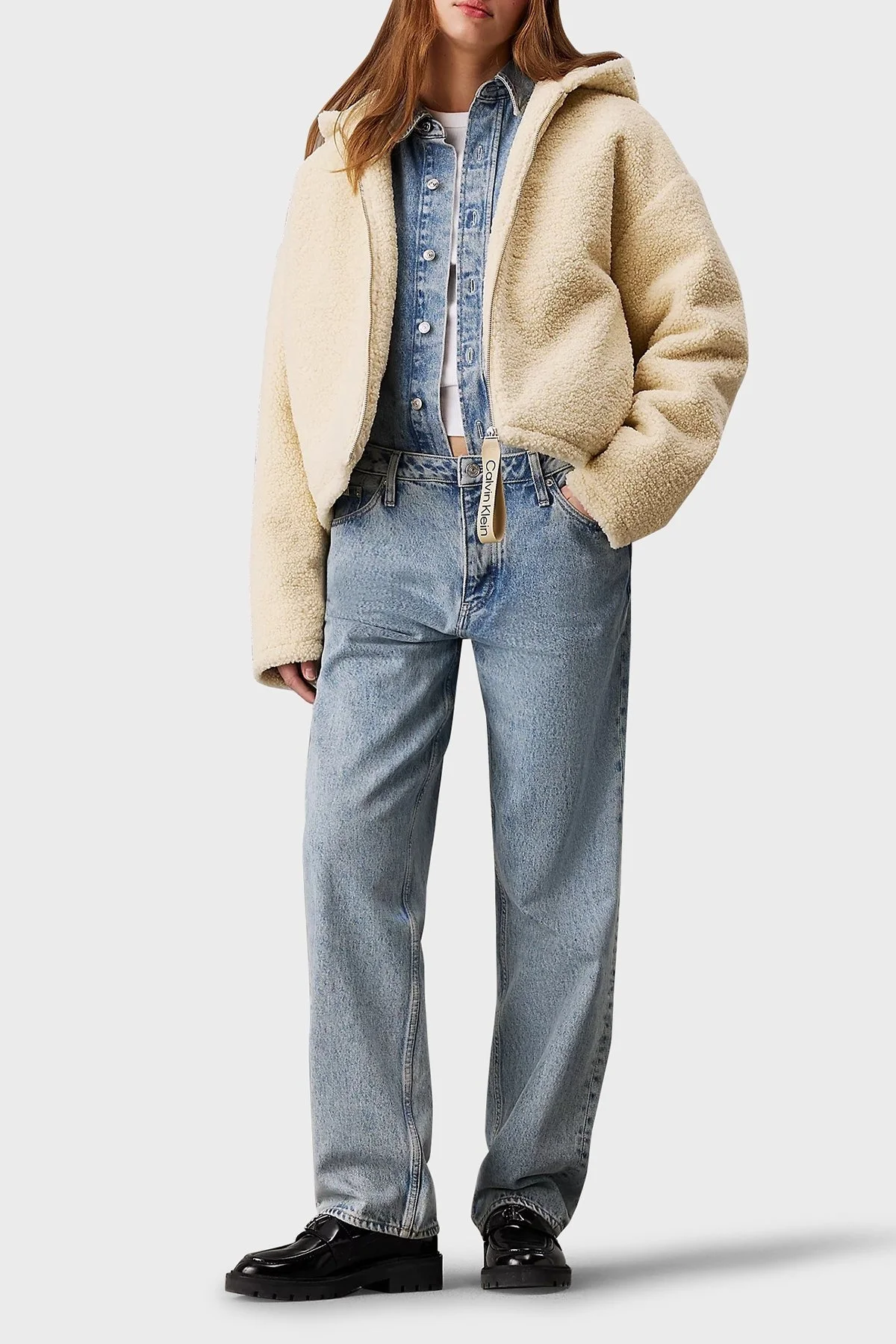 Calvin Klein Relaxed Fit Kapüşonlu Sherpa J20J224130ACX Bayan Ceket J20J224130 ACX EKRU - 2