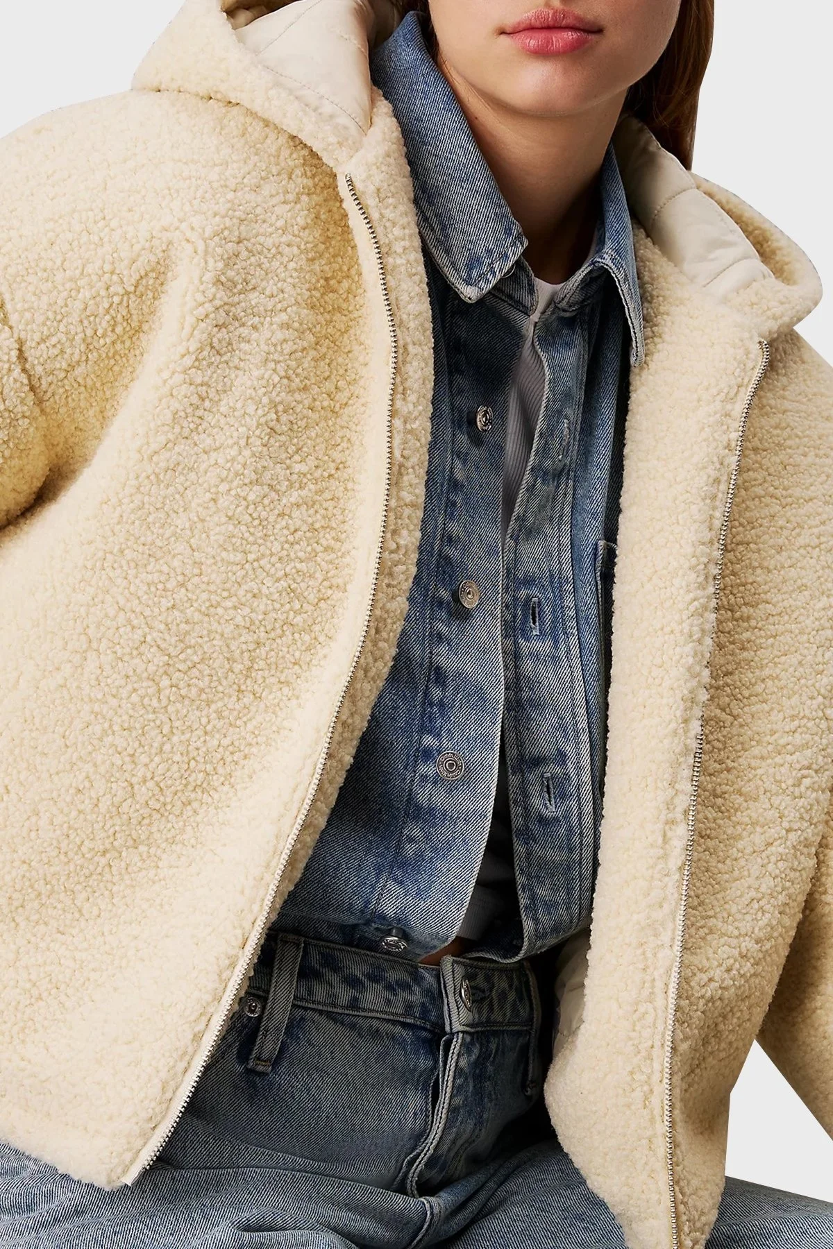 Calvin Klein Relaxed Fit Kapüşonlu Sherpa J20J224130ACX Bayan Ceket J20J224130 ACX EKRU - 4