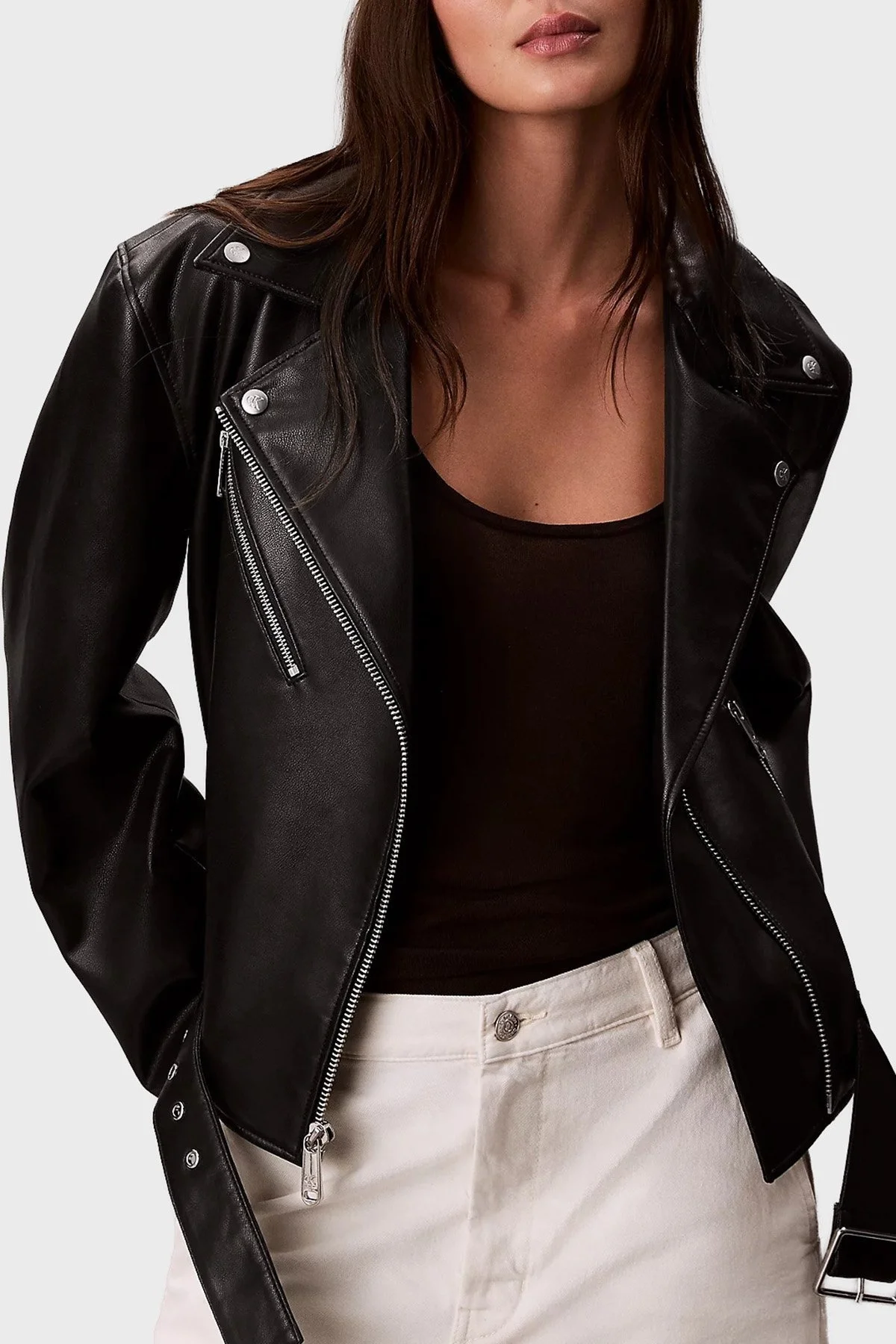Calvin Klein Relaxed Fit Kemerli Apaş Yaka Biker Deri LV044C532GBAE Bayan Ceket LV044C532G BAE SİYAH - 1