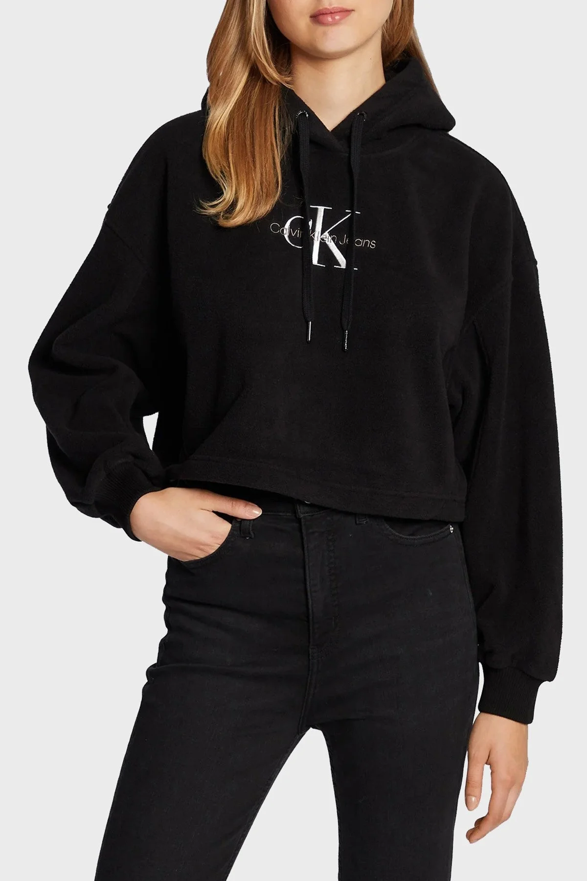 Calvin Klein Relaxed Fit Şardonlu Kapüşonlu Bayan Sweat J20J219762 BEH SİYAH - 1