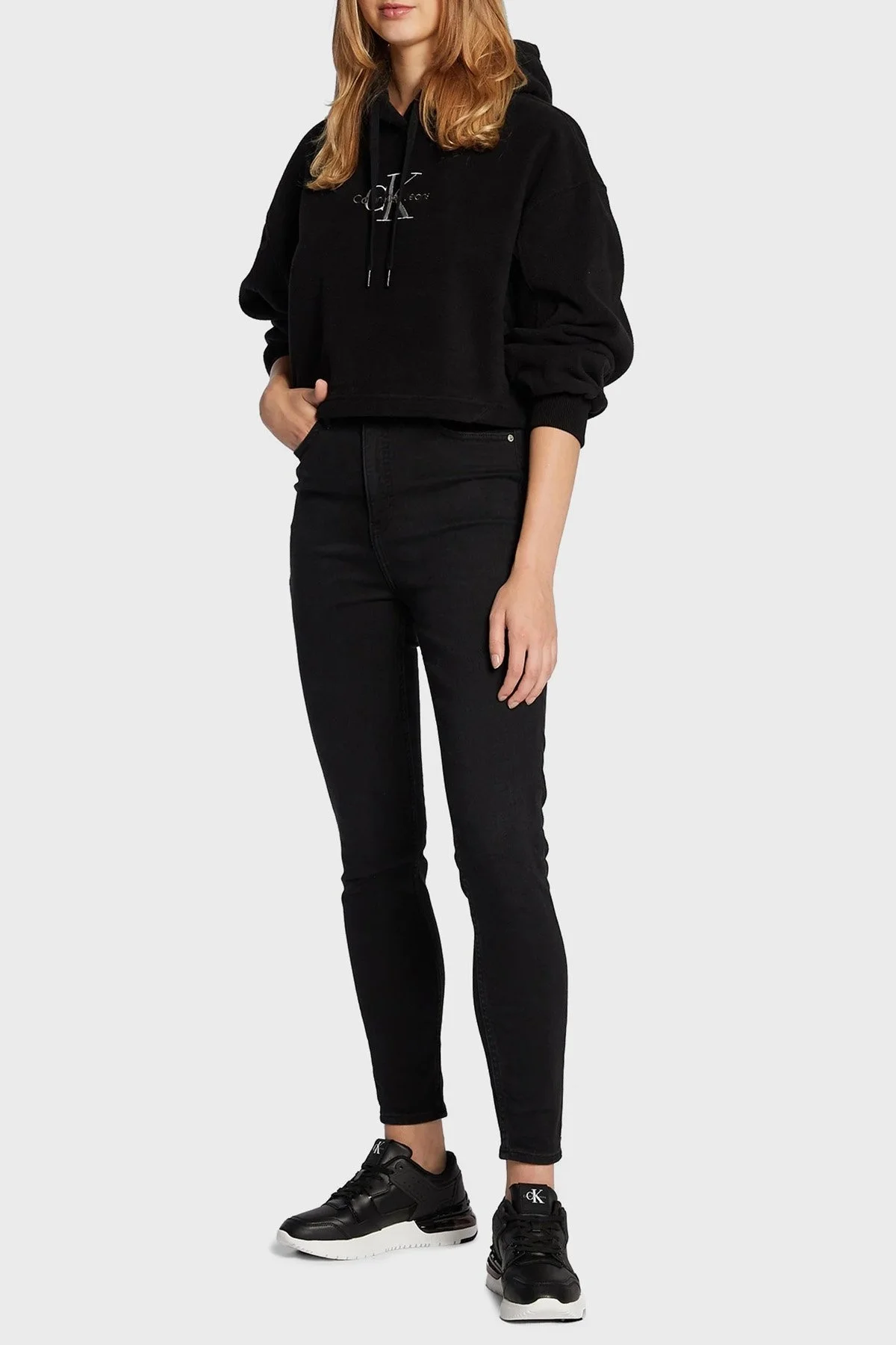 Calvin Klein Relaxed Fit Şardonlu Kapüşonlu Bayan Sweat J20J219762 BEH SİYAH - 2