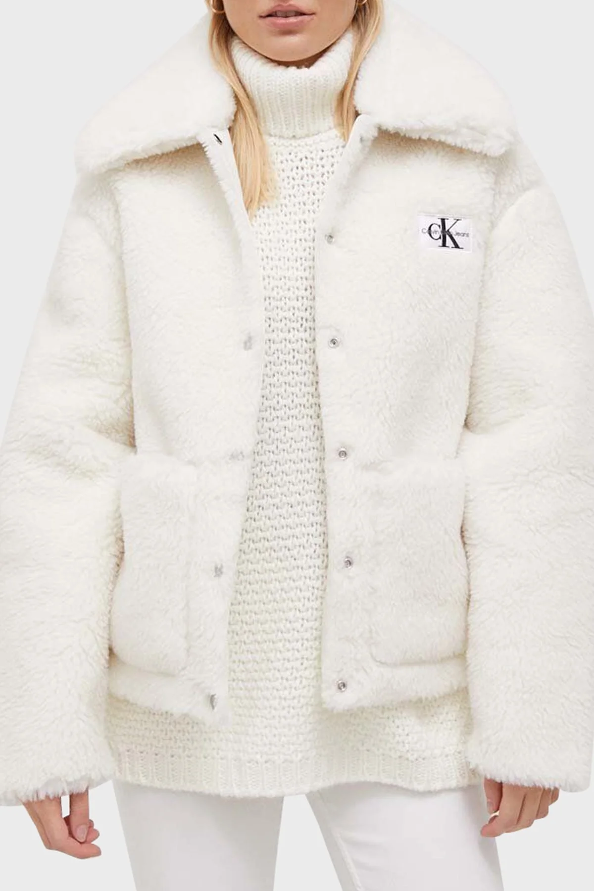 Calvin Klein Relaxed Fit Sherpa J20J221893YBI Bayan Mont J20J221893 YBI BEYAZ - 1