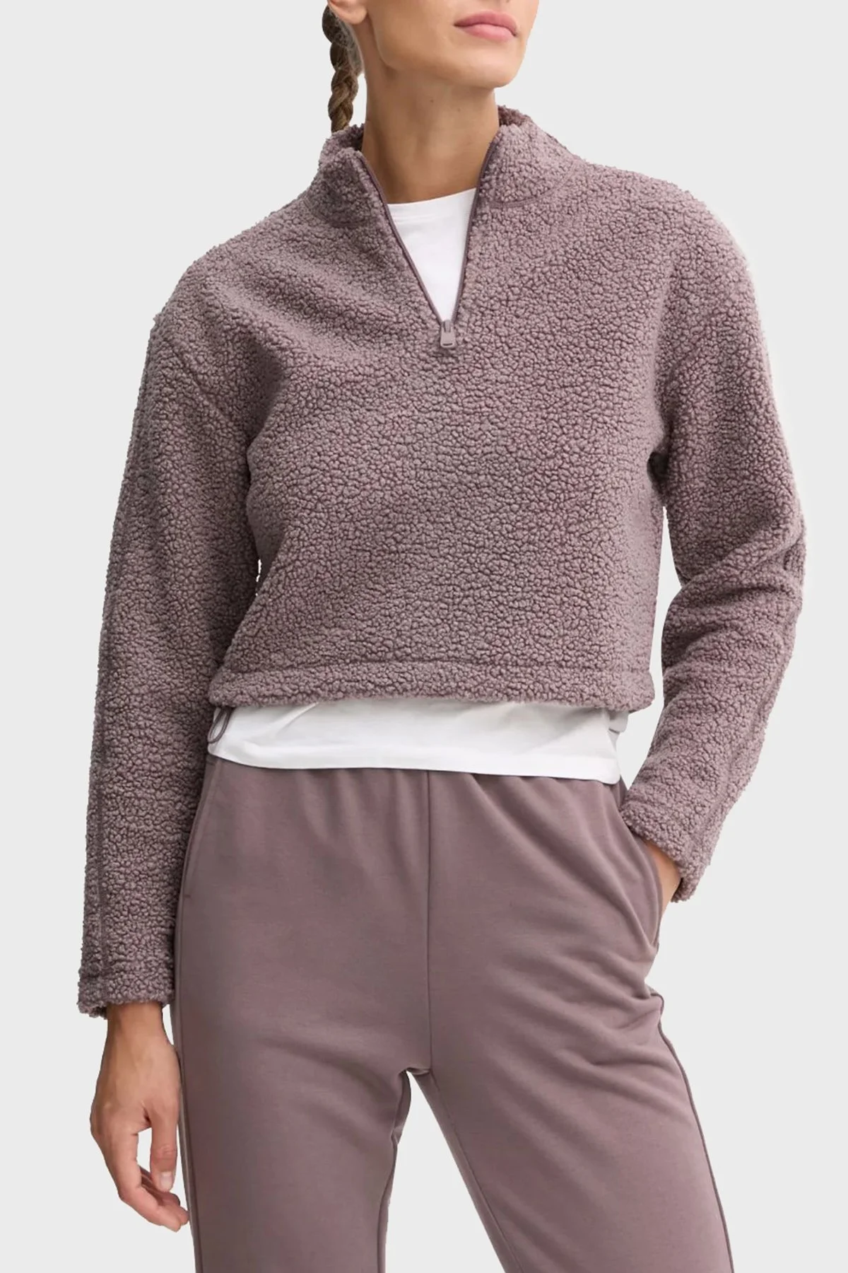 Calvin Klein Relaxed Fit Yarım Fermuarlı Sıfır Yaka Crop Sherpa 00GWF4W307PFK Bayan Ceket 00GWF4W307 PFK MÜRDÜM - 1