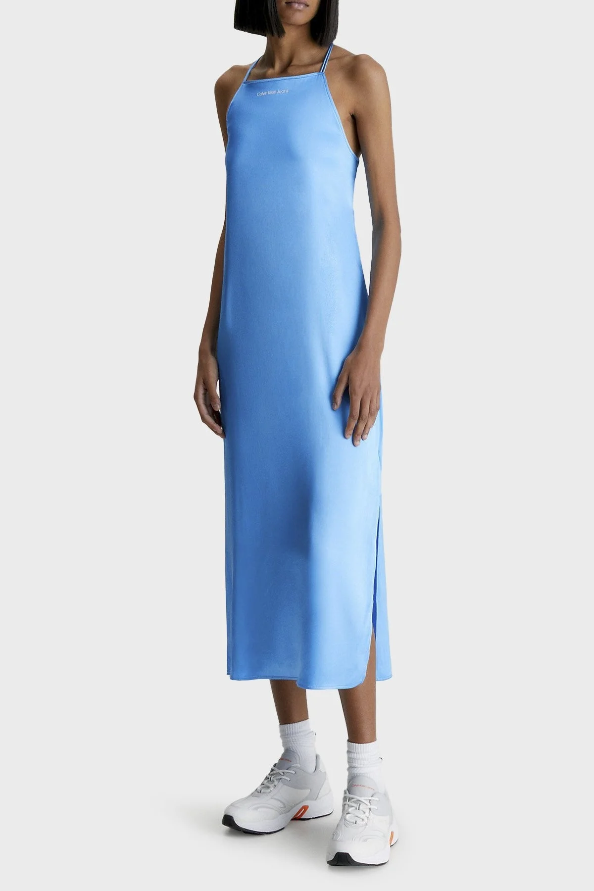 Calvin Klein Saten Fitted Sırtı Açık Yırtmaçlı Uzun J20J220761CY0 Bayan Elbise J20J220761 CY0 MAVİ - 1