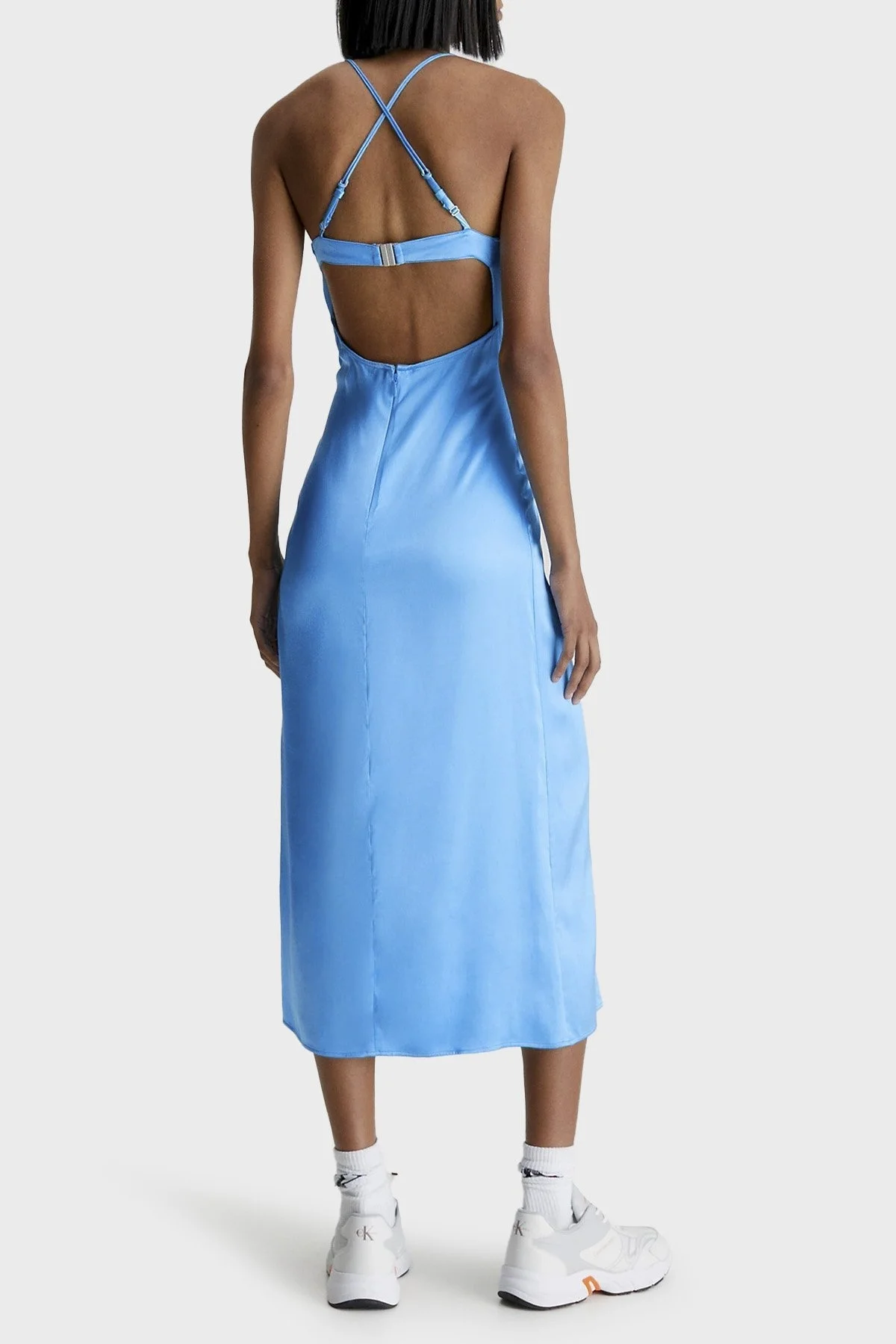 Calvin Klein Saten Fitted Sırtı Açık Yırtmaçlı Uzun J20J220761CY0 Bayan Elbise J20J220761 CY0 MAVİ - 2