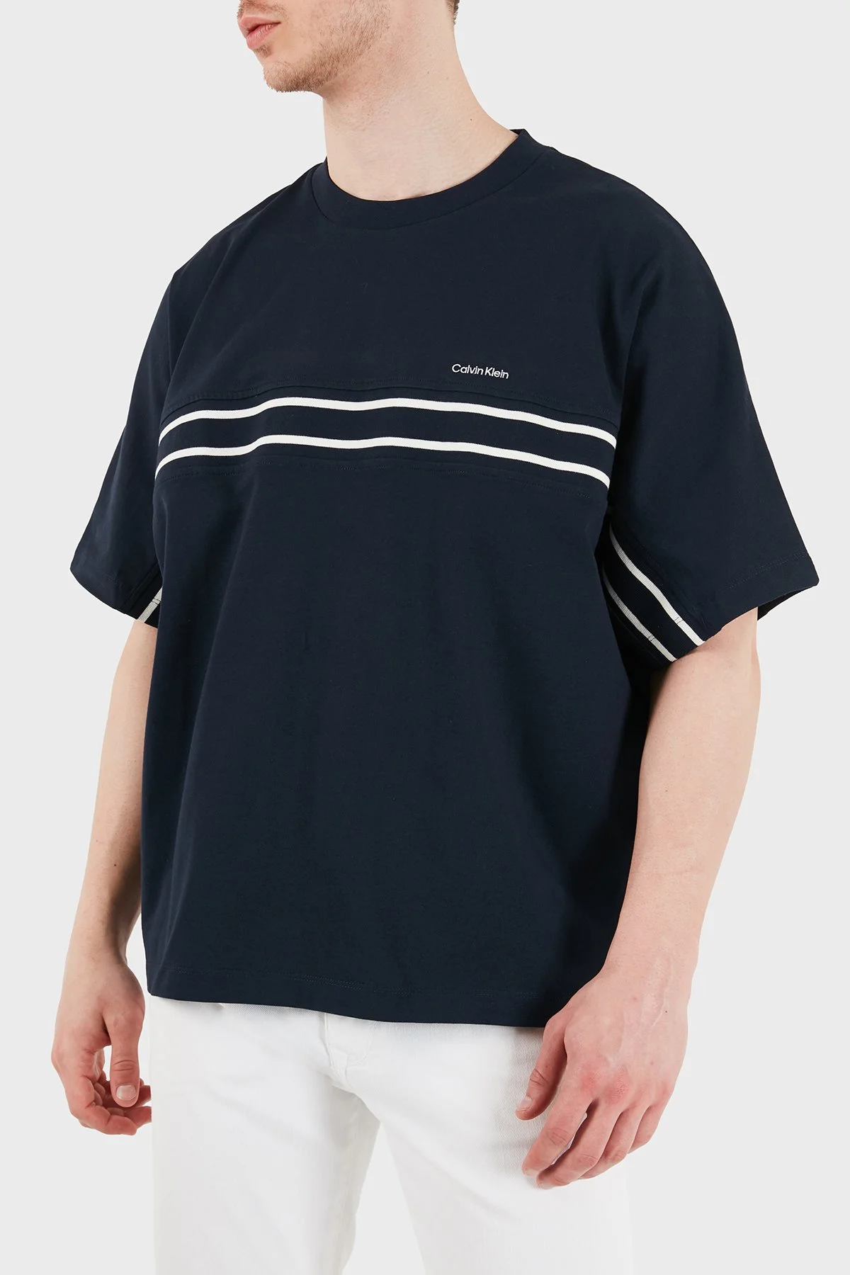 Calvin Klein Şerit Detaylı % 100 Pamuk Bisiklet Yaka LV04RE222GCEF Erkek T Shirt LV04RE222G CEF LACİVERT - 4