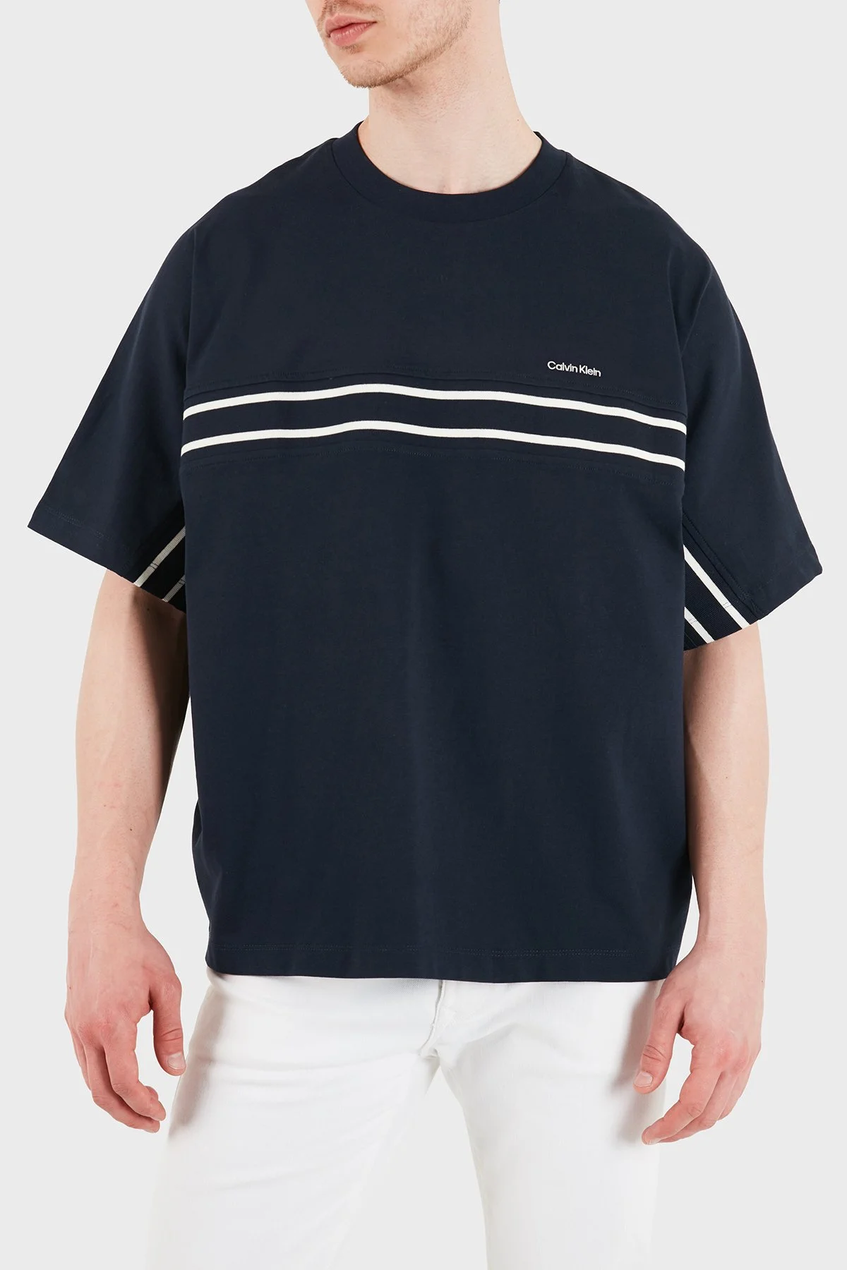 Calvin Klein Şerit Detaylı % 100 Pamuk Bisiklet Yaka LV04RE222GCEF Erkek T Shirt LV04RE222G CEF LACİVERT - 5