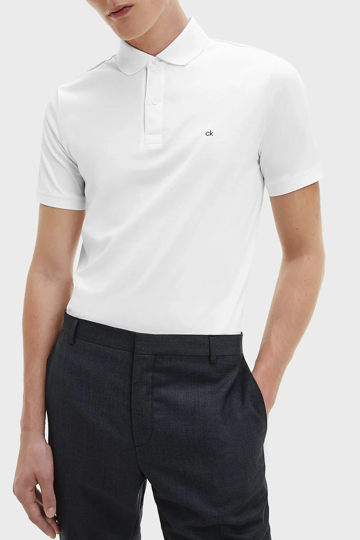 Calvin Klein Slim Fit % 100 Pamuk Düğmeli T Shirt Erkek Polo K10K107090 YAF BEYAZ - 1